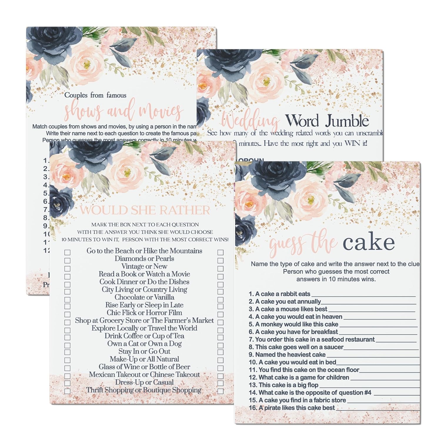 Blue Bridal Shower Games Bundle - 25 Each Of Guess The Cake, Word Scramble, Famous Pairs & Wedding Name Game - Double-Sided Cards For Engagement Parties & Rehearsal Dinners - Rustic Floral Design