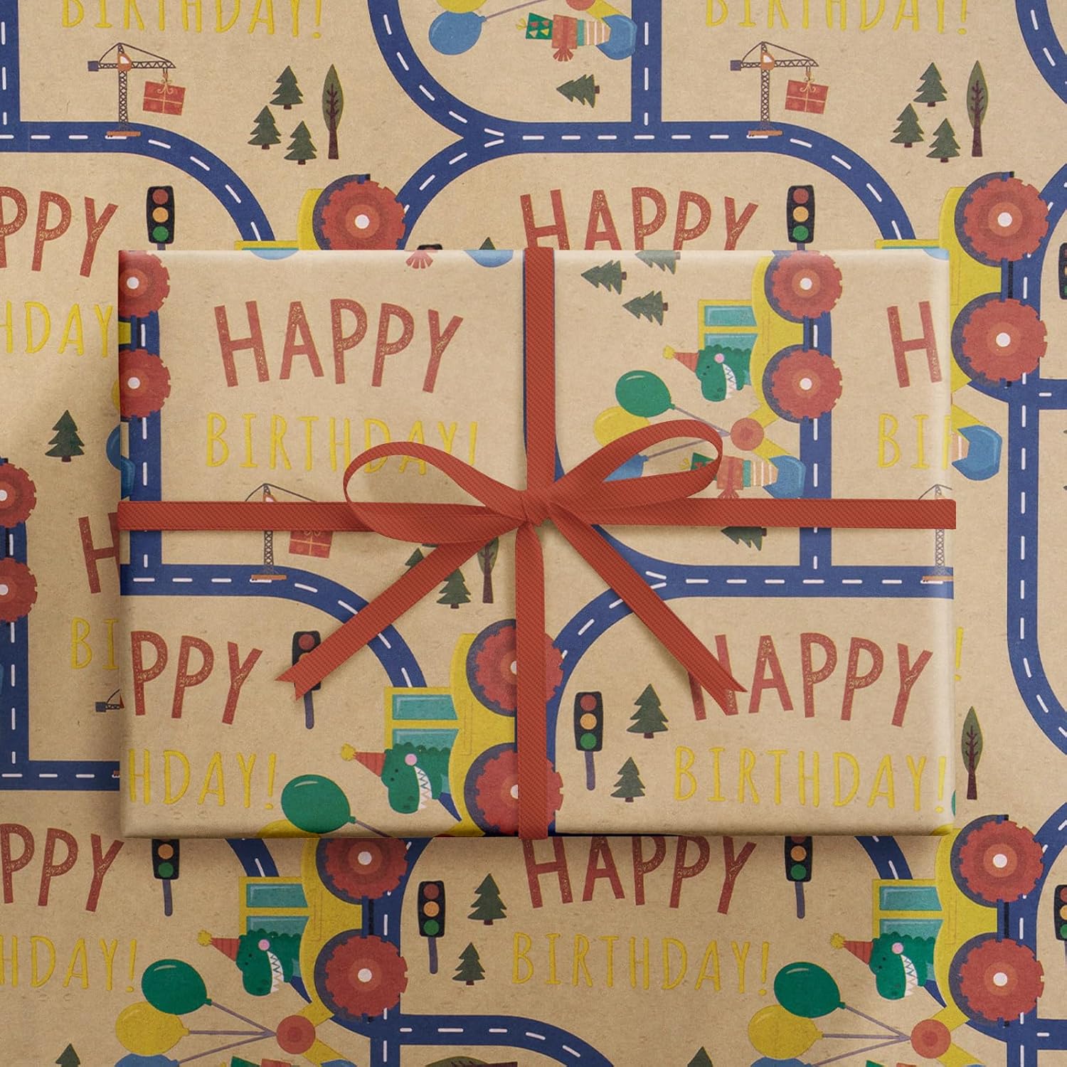 Birthday Wrapping Paper Roll - 17 Inches X 16.4 Feet - Monster Truck And Dinosaur Design On Durable Kraft Paper - Bright Colors For Kids' Birthday Party