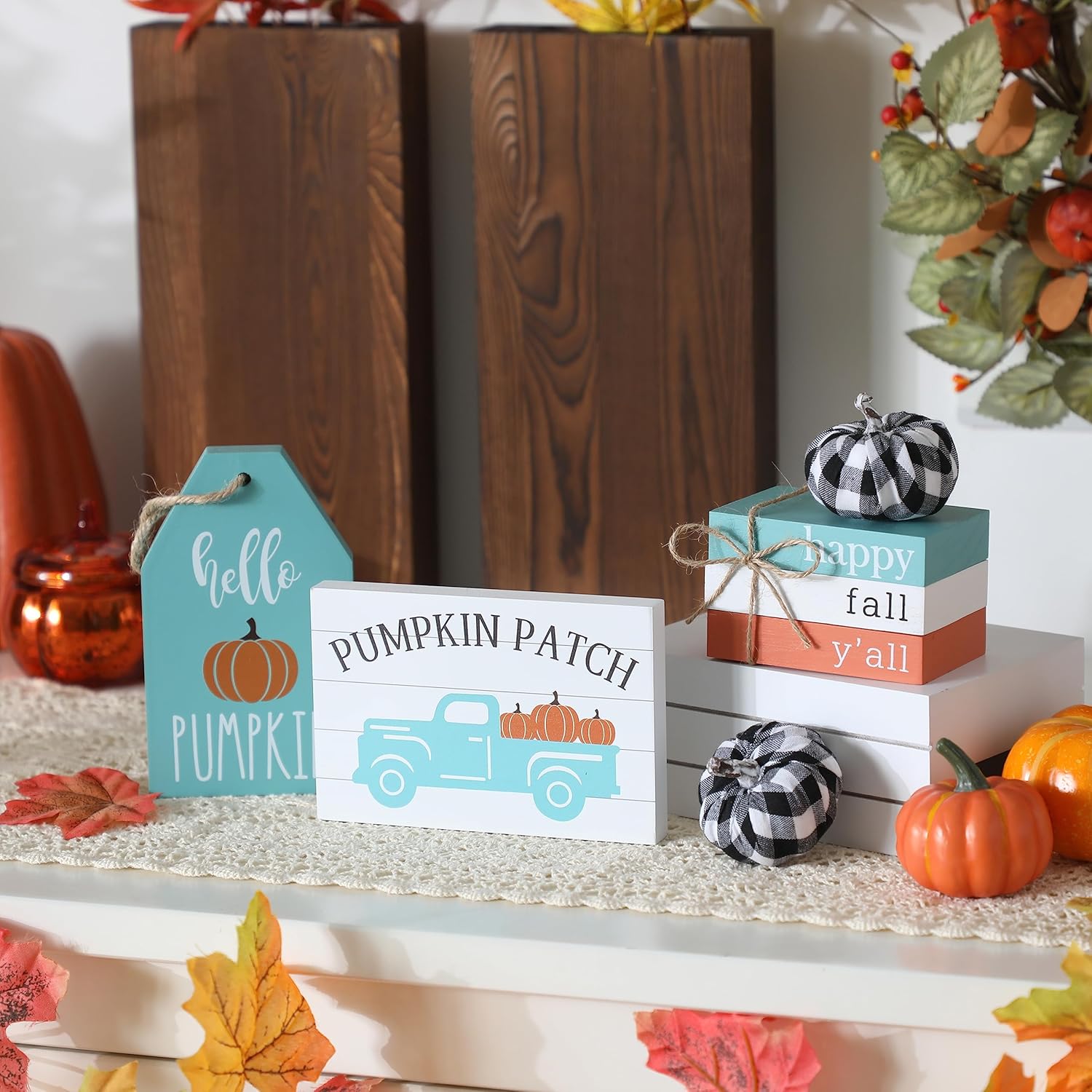 Thanksgiving Fall Tiered Tray Decor Set, 17Pcs Blue Fall Wood Signs Decor, Maple Leaves, Buffalo Plaid Pumpkins, Truck Book Stack Wooden Signs, Autumn Thanksgiving Farmhouse Table Decor Sign For Home Decor