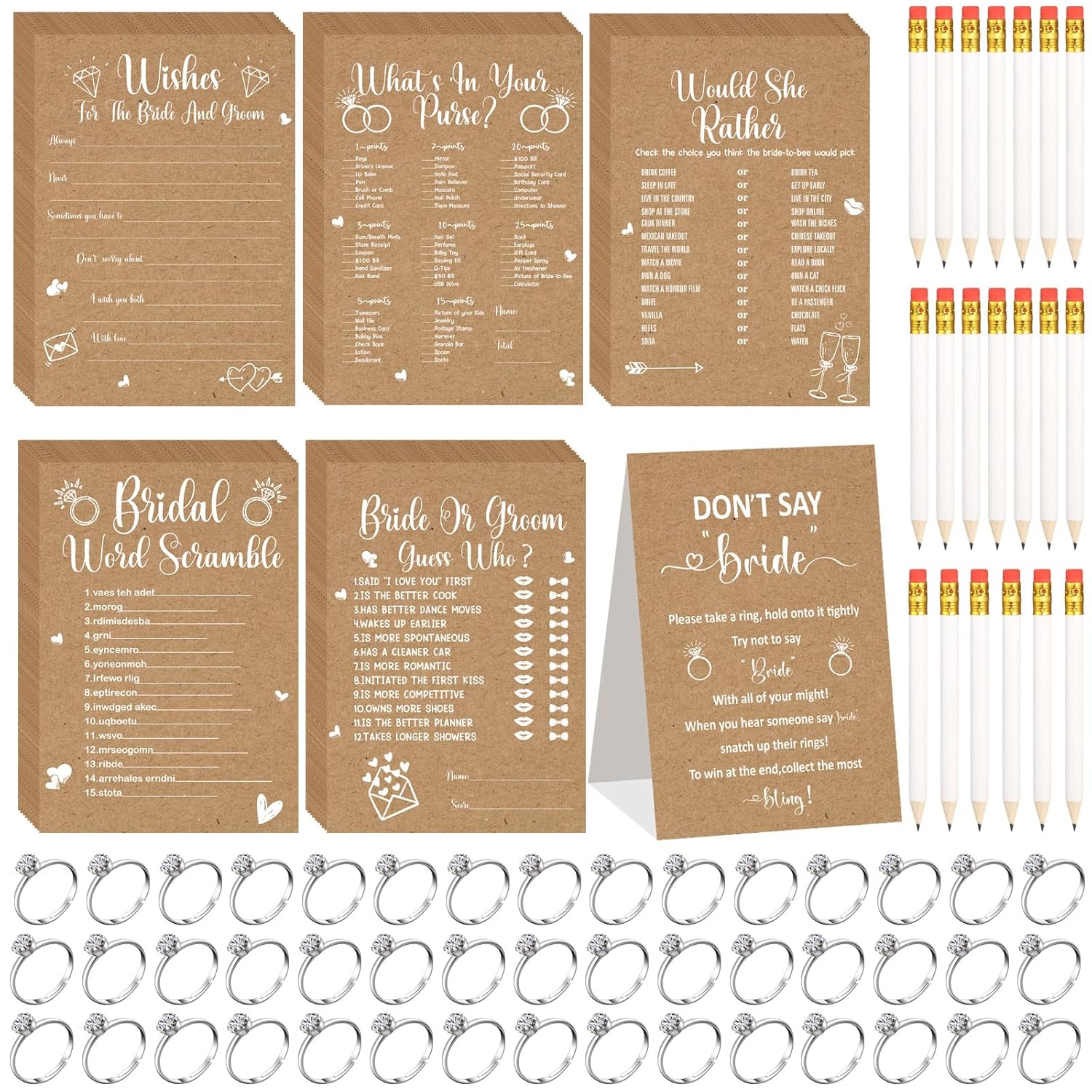 331 Pcs Bridal Shower Games Supplies, 5 Sets 250 Pcs Wedding Cards 1 Put A Ring On It Bridal Shower Games With 60 Rings And 20 Pencils(Rustic Kraft)