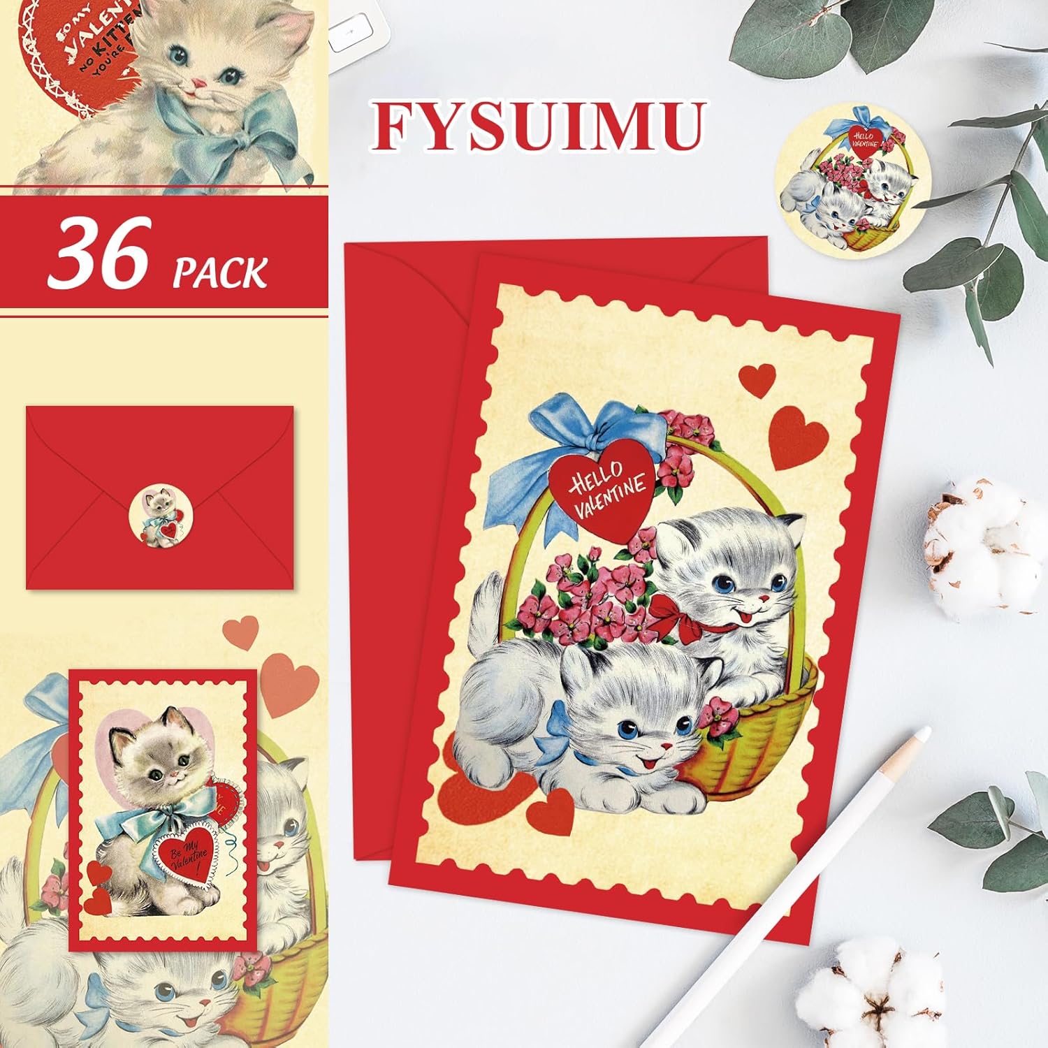 36 Pack Valentine'S Day Cards Vintage Heart Cat Greeting Cards With Envelopes & Stickers Blank Note Cards For Wedding Anniversary Party Supplies, 4 X 6 Inch