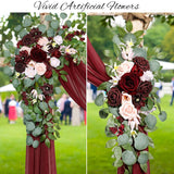 Burgundy Wedding Artificial Arch Flowers Kit (Pack Of 3) With 26Ft Shiny Arch Draping Fabric For Ceremony And Reception Backdrop Decoration (Burgundy & Blush)