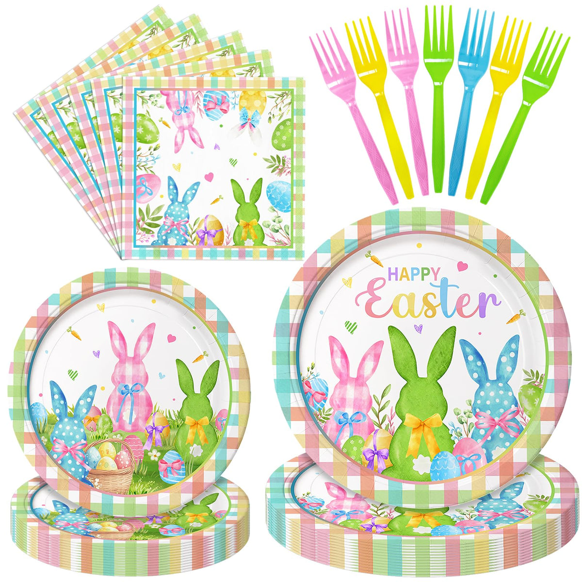 96 Pieces Easter Tableware Set – Bunny Egg Disposable Plates, Napkins, and Forks with “Happy Easter” and Spring Designs for Holiday Dinners, Parties, and Spring Celebrations – Serves 24
