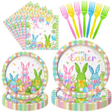 96 Pieces Easter Tableware Set – Bunny Egg Disposable Plates, Napkins, and Forks with “Happy Easter” and Spring Designs for Holiday Dinners, Parties, and Spring Celebrations – Serves 24
