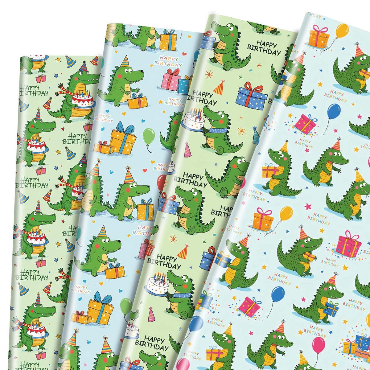 Alligator Birthday Wrapping Paper 12 Sheets Happy Birthday Themed Gift Wrap With Cartoon Crocodile & Gift Box Designs,20"×28"