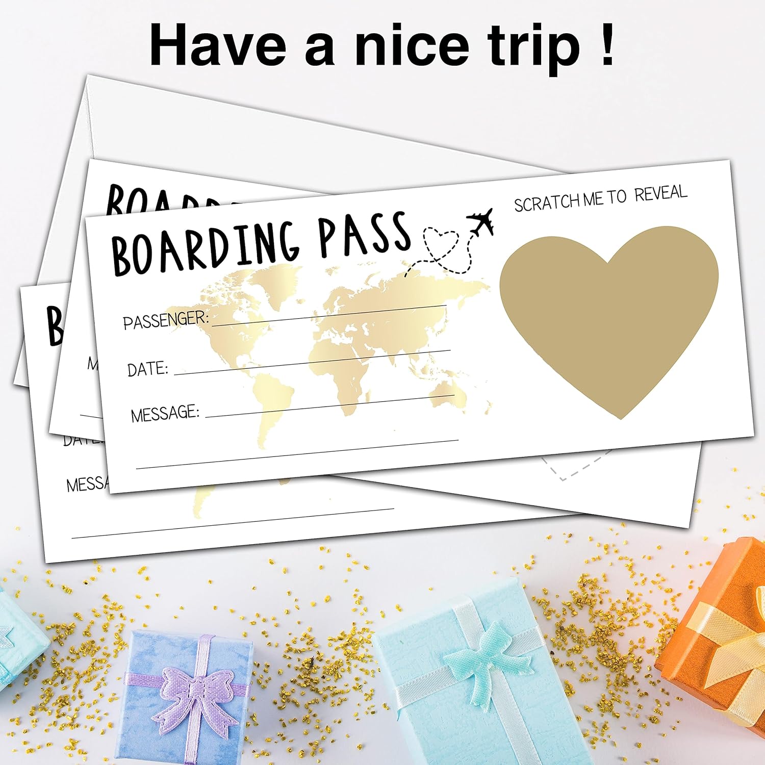 Scratch Surprise Boarding Pass, 1 Set Make Your Own Diy Travel Ticket, Surprise Reveal Card For Holiday, Christmas, Wedding, Birthday, Anniversary, Party Supply(3.5"X8" Gold)-A001