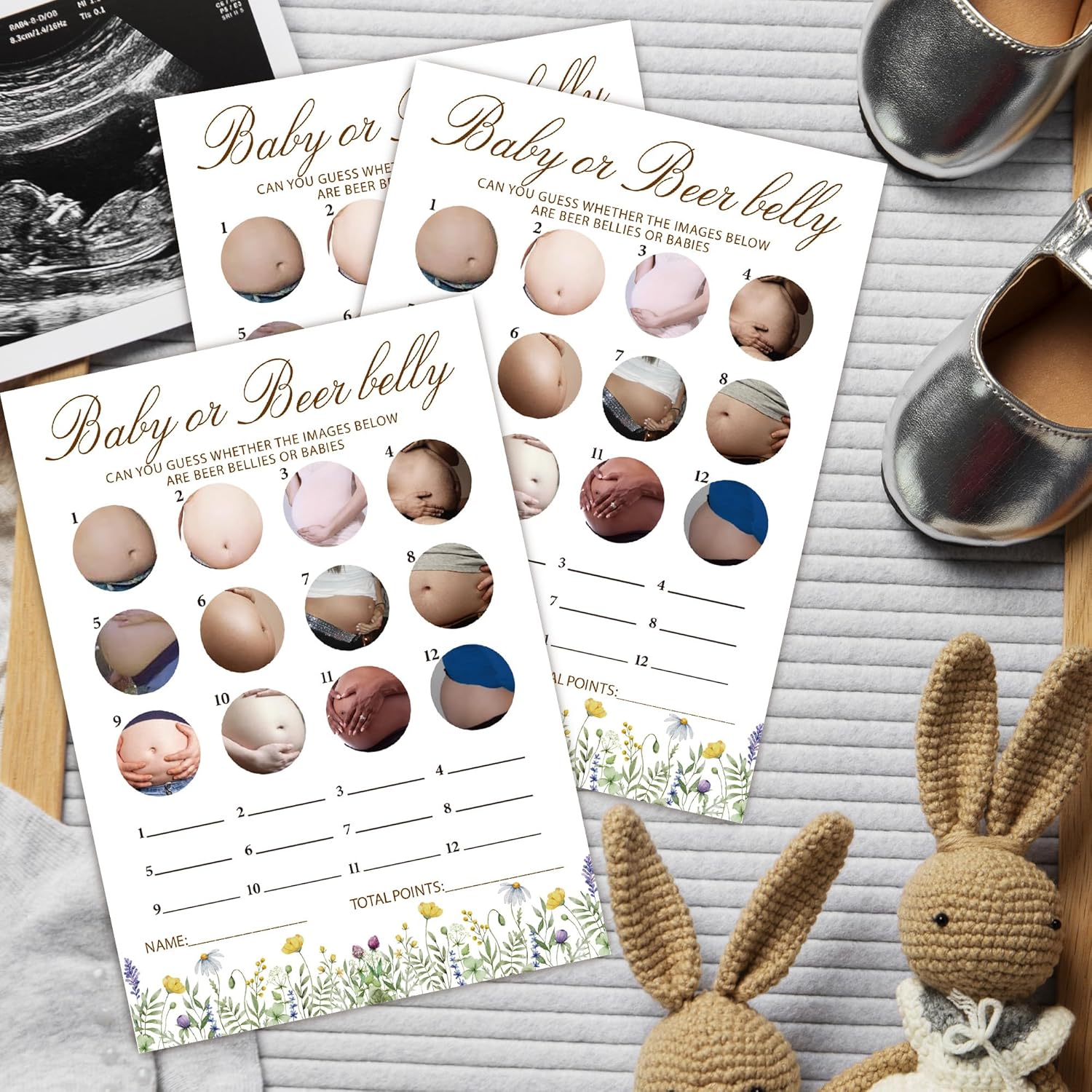 Wildflower Baby Shower Games, Beer Belly Game Cards, 25 Gender Neutral Cards With 1 Answer, Flower Gender Reveal Party Supply Kit, Baby Shower Decorations(5''X7'')-A22