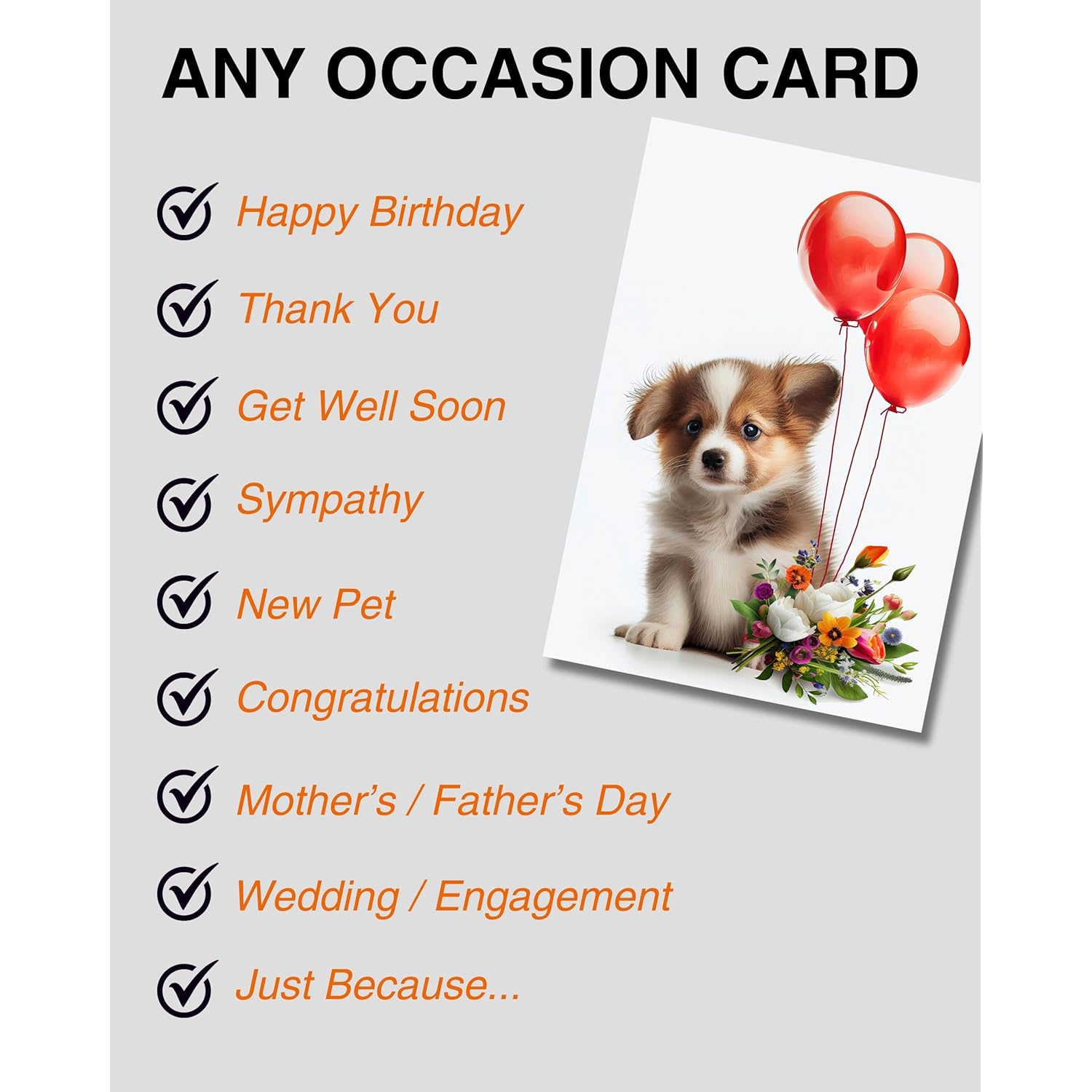 Puppy With Red Balloons And Flowers All Occasions Greeting Card From Unique Dogs Party Delights Collection Large 5X7 Inch Blank Inside With Envelope