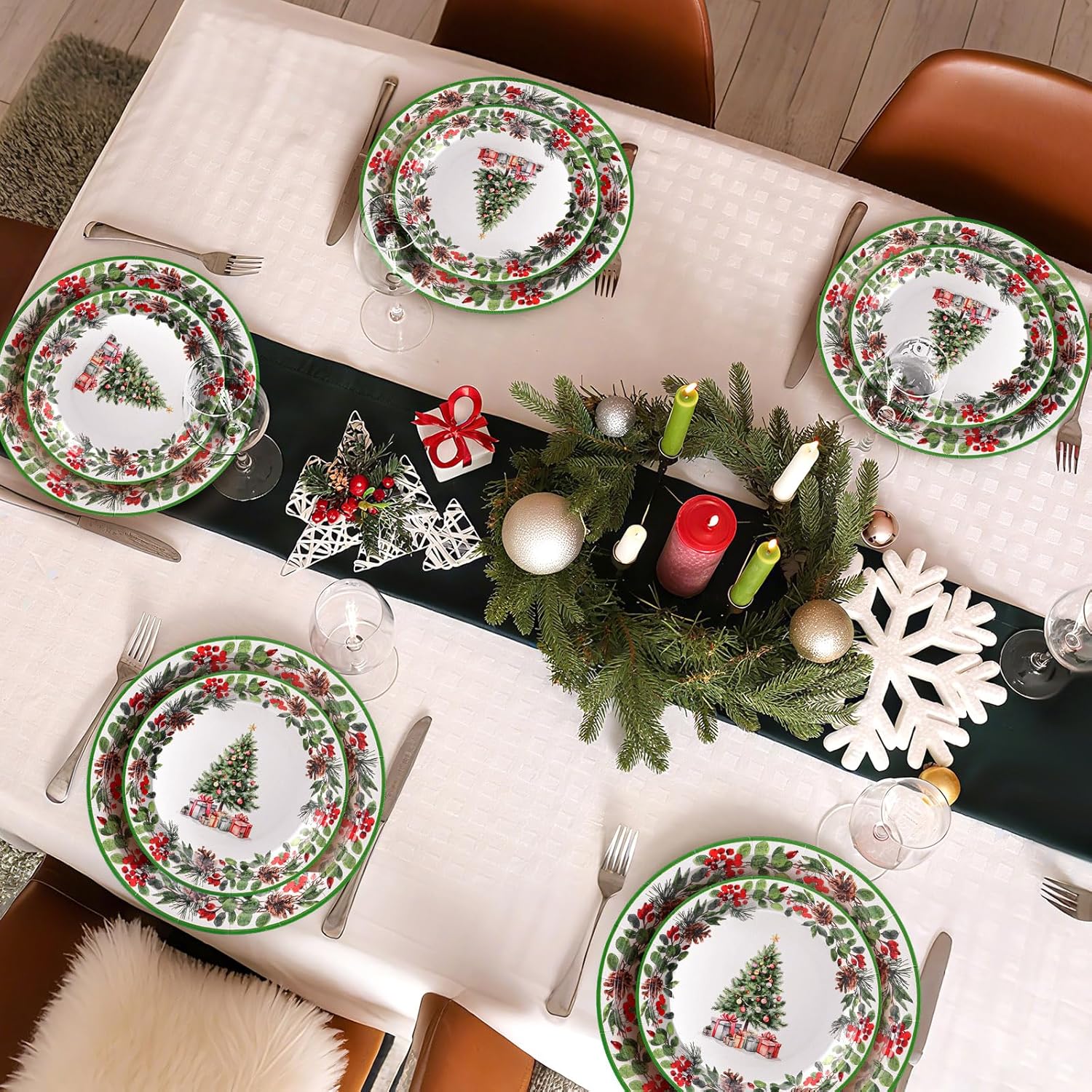 100 Pcs Christmas Party Plates Decorations Xmas Tree Collection Disposable Paper Berry Wreath Plates Set For Christmas Holiday Party Decor Serves 50 Guests