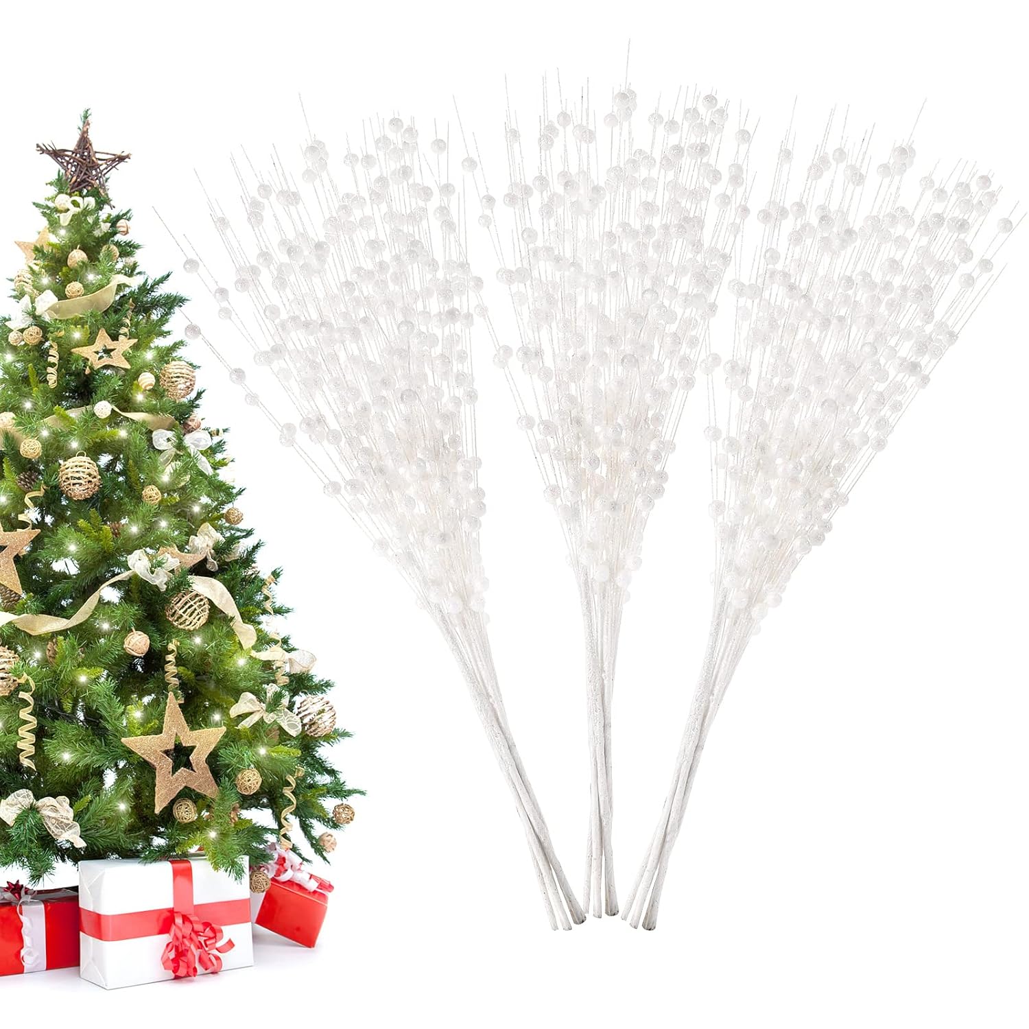 Christmas Artificial Glitter Berry Stem Decorations Decorative Bead Sticks Xmas Picks Glittery Twigs Branches For Christmas Tree Wreath Gift Vase Home Decor Party Ornaments White 24 Pcs