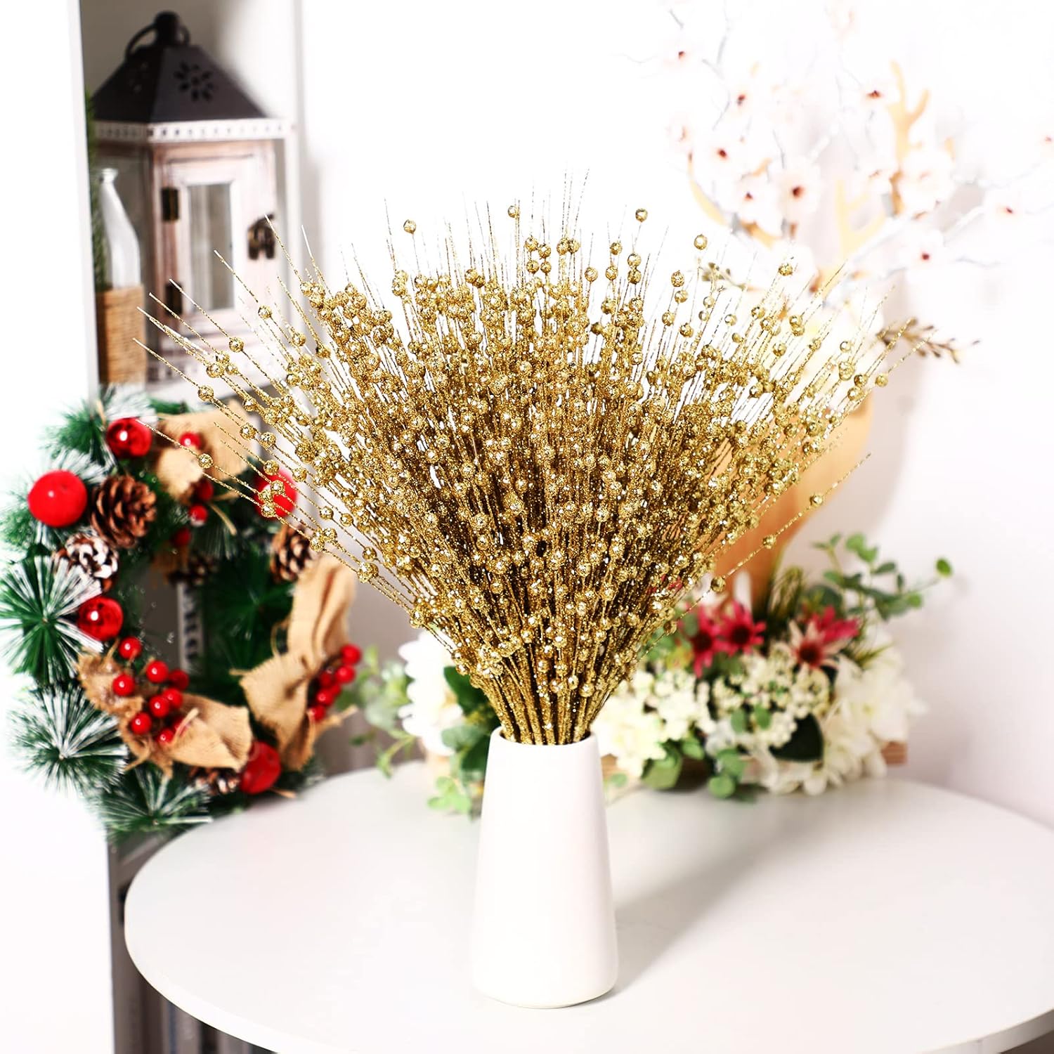 30 Pcs Christmas Artificial Glitter Berry Stem Decorations 17 Inch Faux Stick Floral Pick Centerpiece Bouquet Flower Bead Twigs For Centerpiece Tree Wreath Xmas Ornaments Home(Gold)