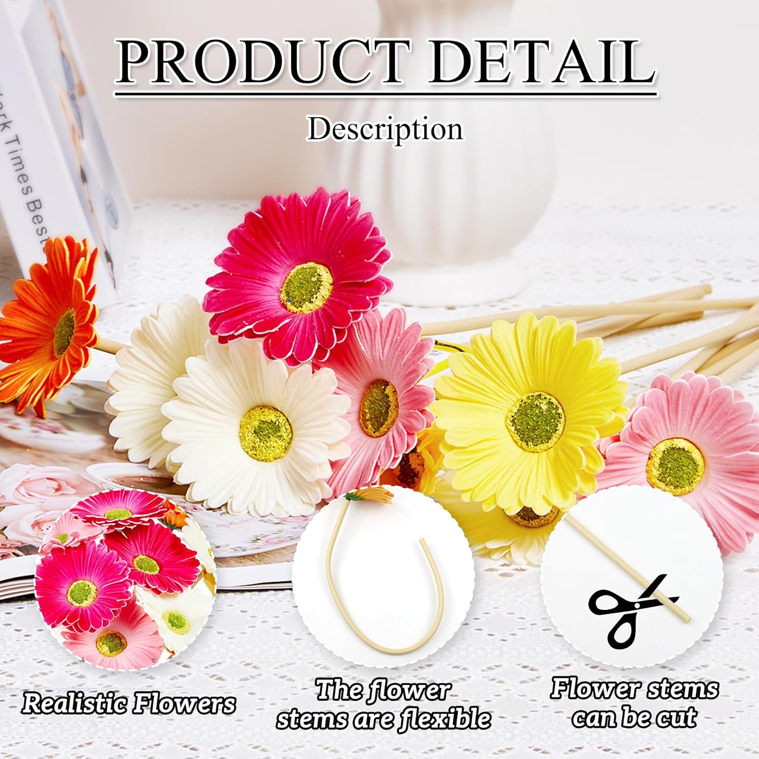 15Pcs Artificial Gerbera Daisies Flowers Fake Daisy Faux Mums Daisy Flower 15 Inch For Home Kitchen Decor (White,Pink,Yellow,Orange,Rose)