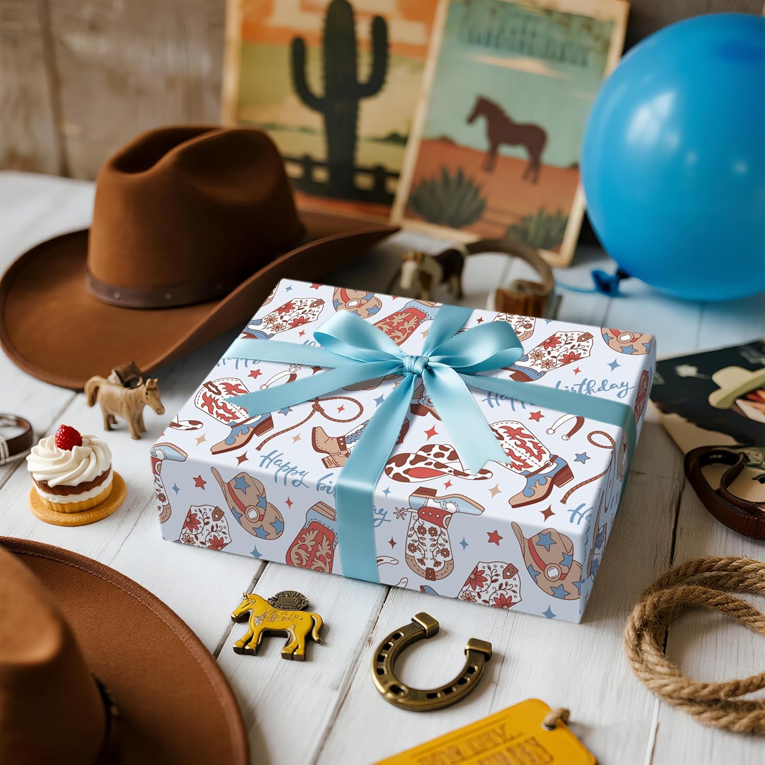 Cowboy Birthday Wrapping Paper Roll For Boys Kids Teens, Western Boots Hats Lasso Blue Design With Happy Birthday Text Gift Wrap, Mini Roll 17 In X 16.4 Feet