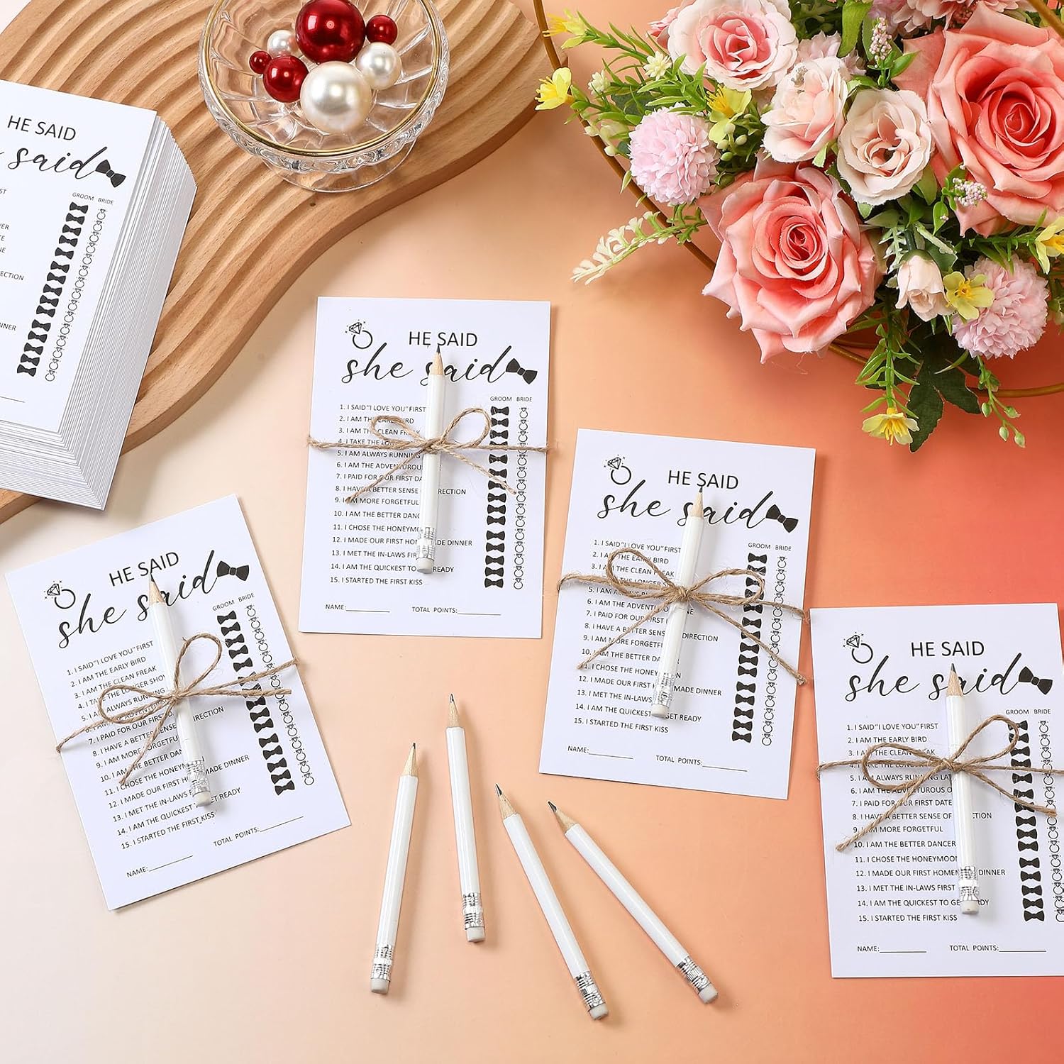 50 Pack He Said She Said Bridal Shower Game For 50 Guests, Include 50 Pcs Wedding Game Cards And 50 Pcs Pencils With Erasers For Wedding Shower Party Supplies (White)