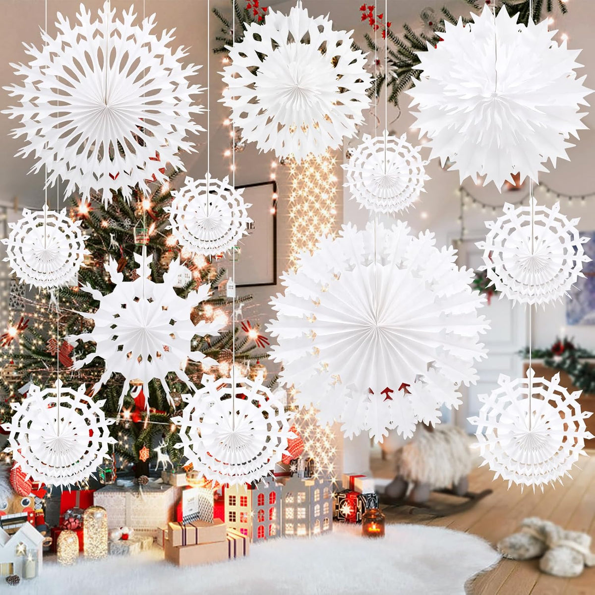 12 Pcs White Paper Snowflake Decorations Frozen Birthday Party Supplies Winter Wonderland Party Decorations Christmas Large Snowflake Decorations Hanging Snowflake Decorations