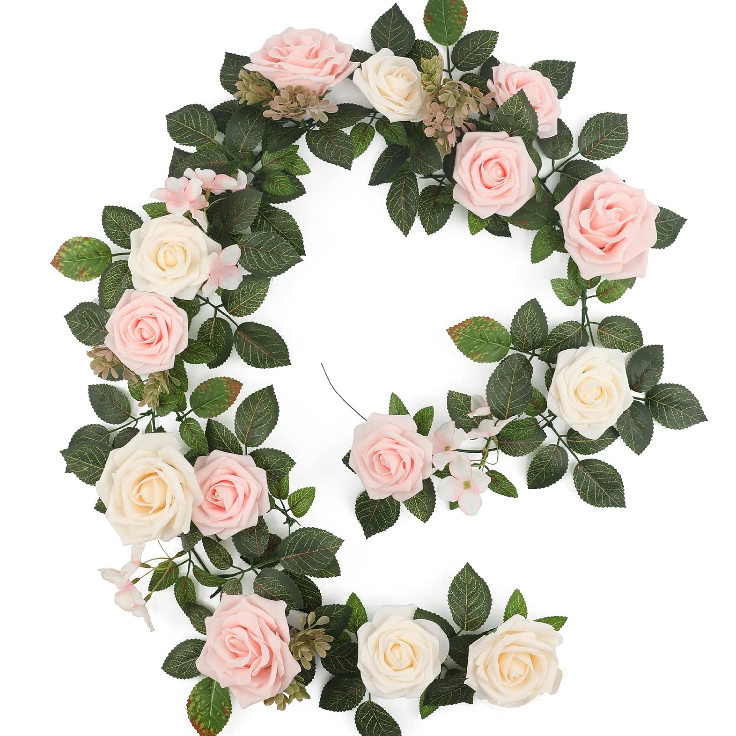5Ft Artificial Rose Flower Garland - Blush Pink Fake Floral Vine With Rose Leaves, Runner Rustic Flower Garland For Wedding Arch Backdrop, Table Runner Centerpieces, Party Home Mantel Decor