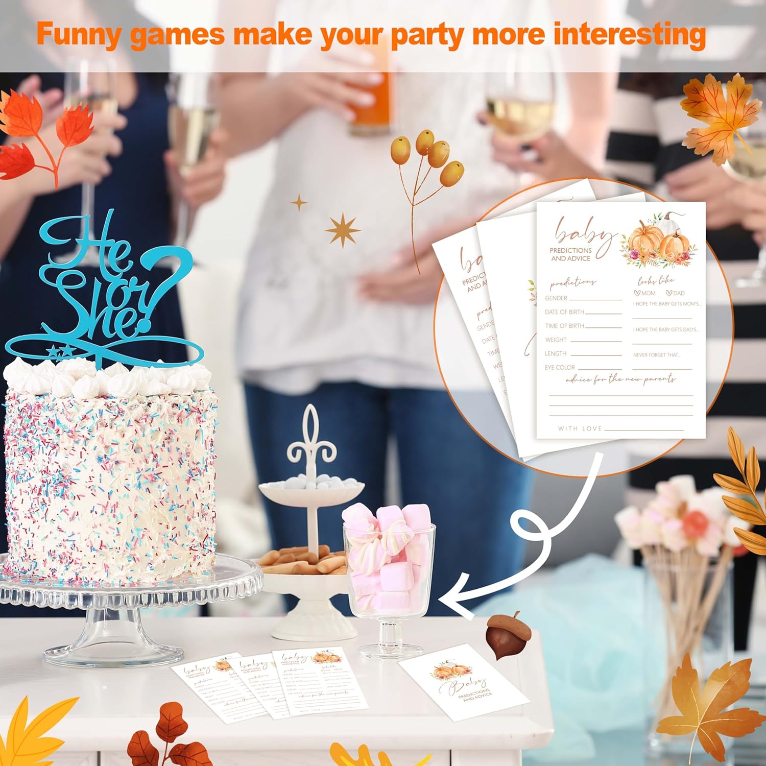 Baby Shower Games, Thanksgiving Baby Predictions And Advice Cards, 25 Sets Gender Reveal Party Decorations Supplies Favors - E02