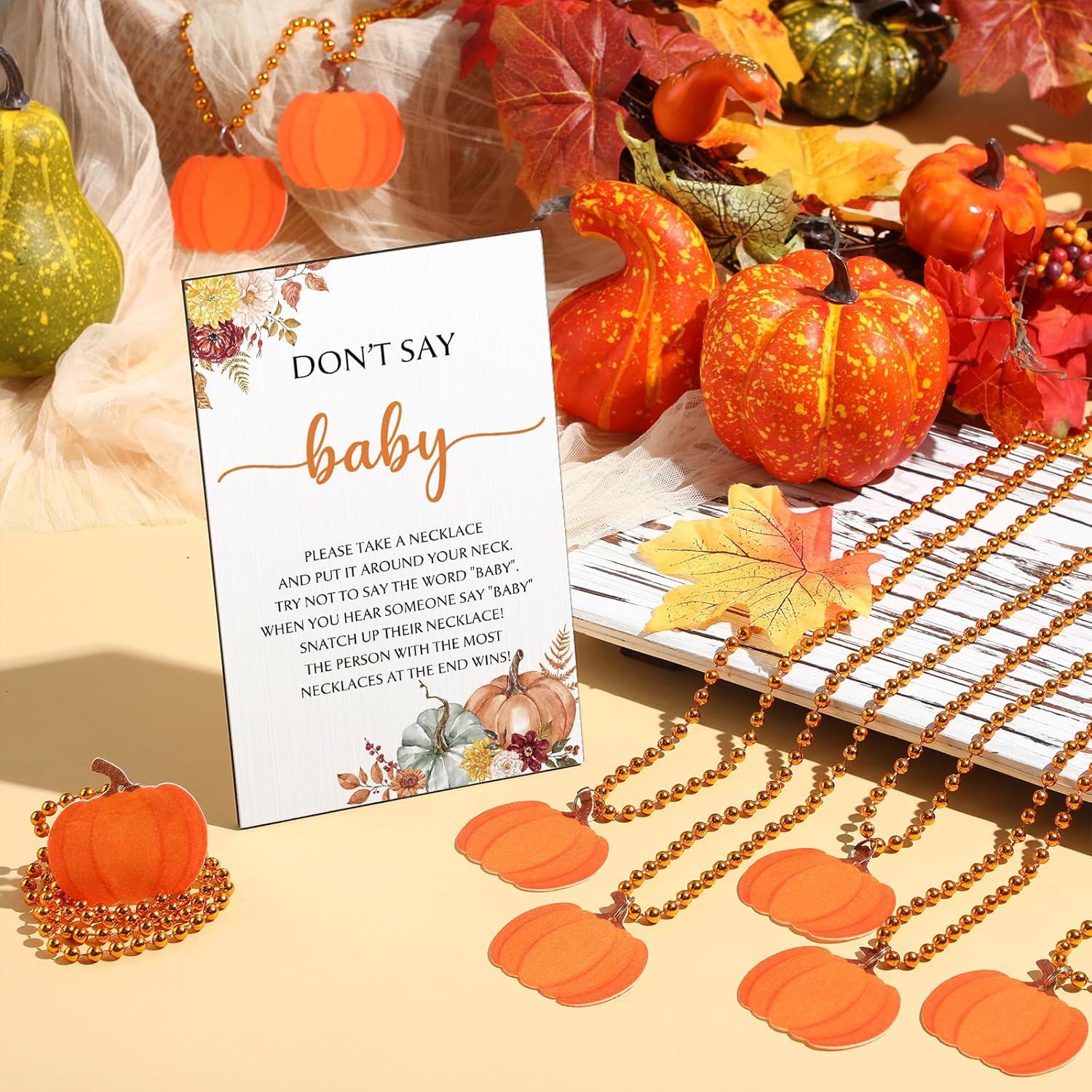 51 Don'T Say Baby Shower Game Including Autumn Pumpkin Baby Game Sign Wooden Pumpkin Table Sign And 50 Felt Pumpkin Necklaces Gifts For Gender Reveal Party Favors Baby Shower Prizes