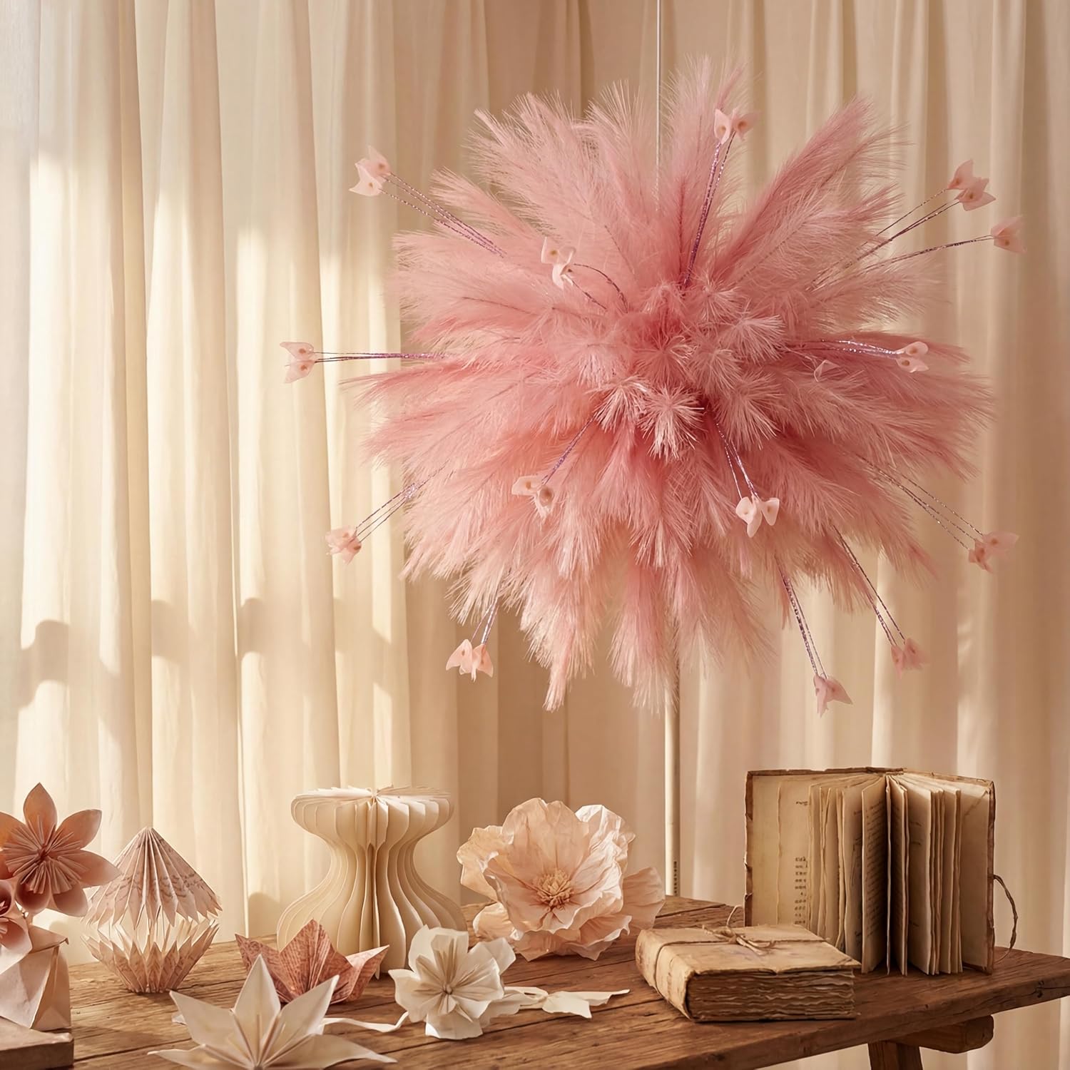 60 Sets Valentine Pink Hanging Decoration Pampas Grass Ceiling Decor Fireworks Design Diy Blush Artificial Pampas Grass For Diy Crafts Wedding Galentines Bedroom Home Bridal Shower(Pink)