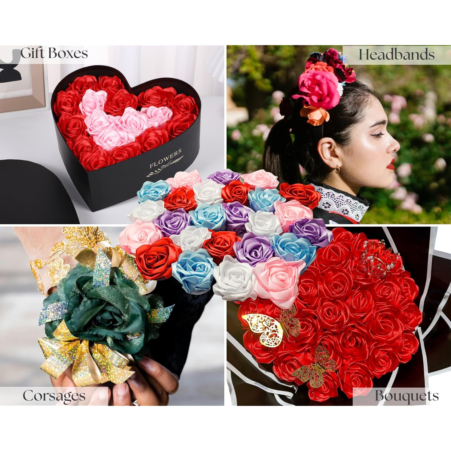 12 Pc Satin Rosas Eternas Heads For Wedding Quinceanera Bouquets, Valentine'S Day Floral Arrangements, Rose Flower Corsages, Headbands, Diy Home Decor, Satin Ribbon Craft Flowers (White)