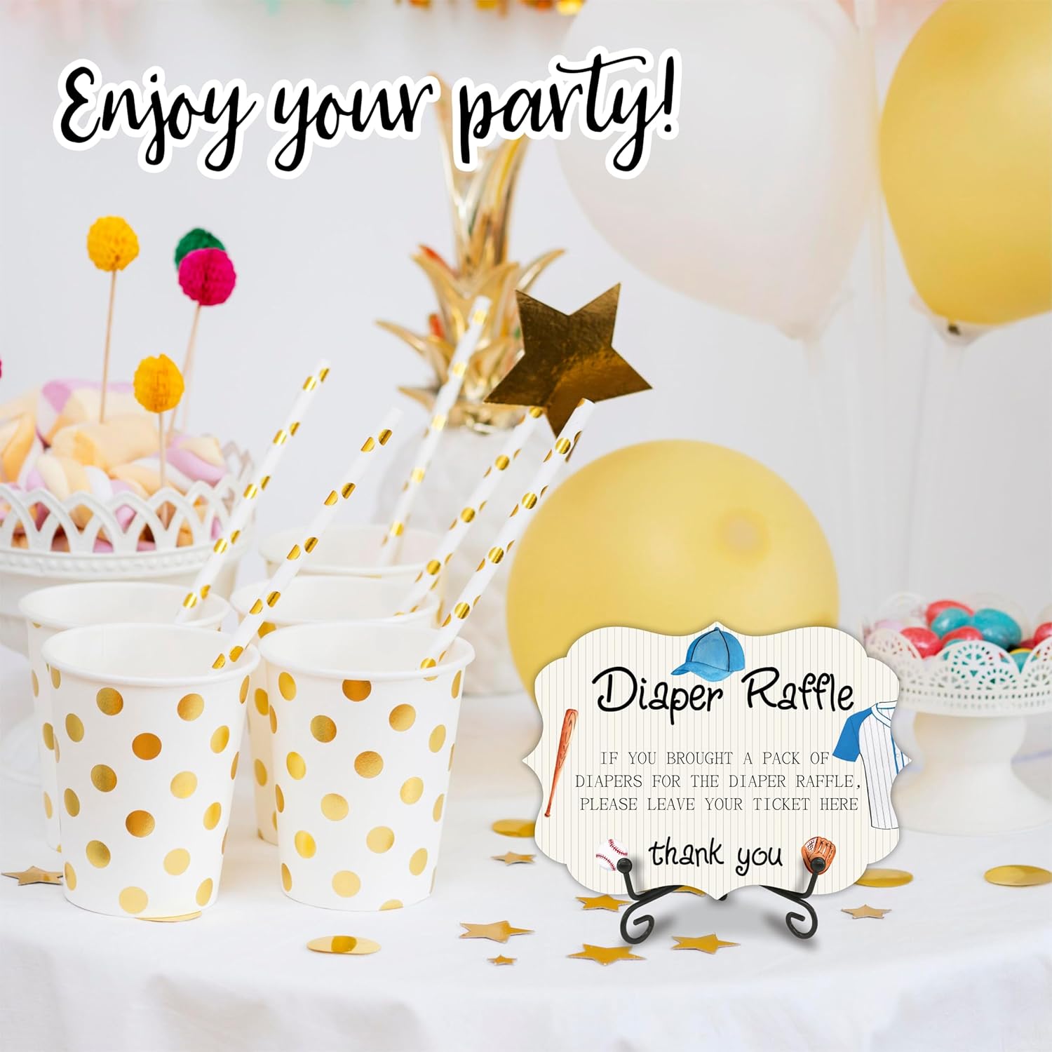 Baseball Theme Sporty Diaper Party Game Set,Dog Party,50 Pcs Diaper Raffle Tickets, 1 Wooden Sign & 1 Iron Stand, Gender Neutral Baby Shower Game Kit Newborn Baby, Party Favor & Supplies - B14