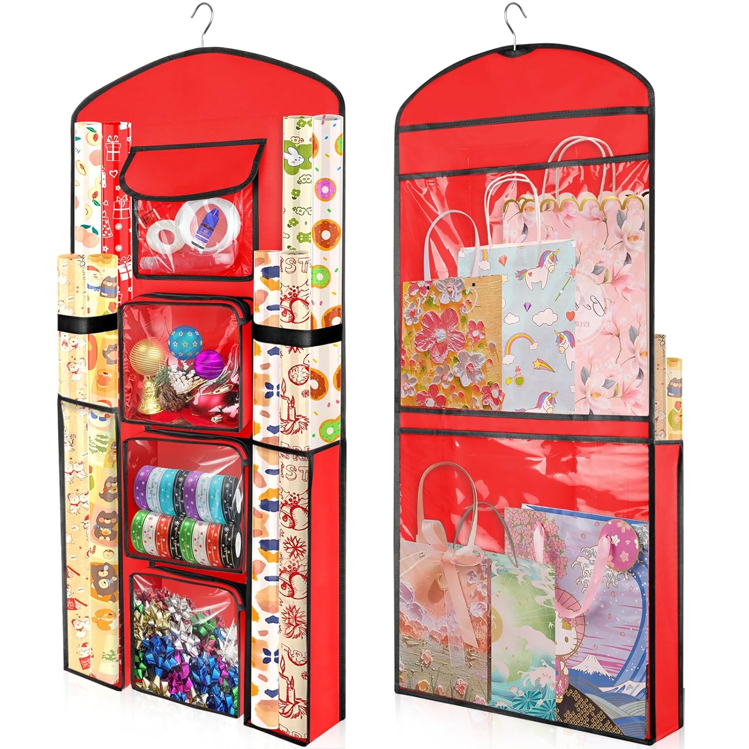 Hanging Gift Wrapping Paper Storage, 40"X17" Red Double-Sided Christmas Wrapper Bag Container, Oxford Craft Roll Organizer, Present Wrap Holder For Bedroom Closet, Door, Cabinet