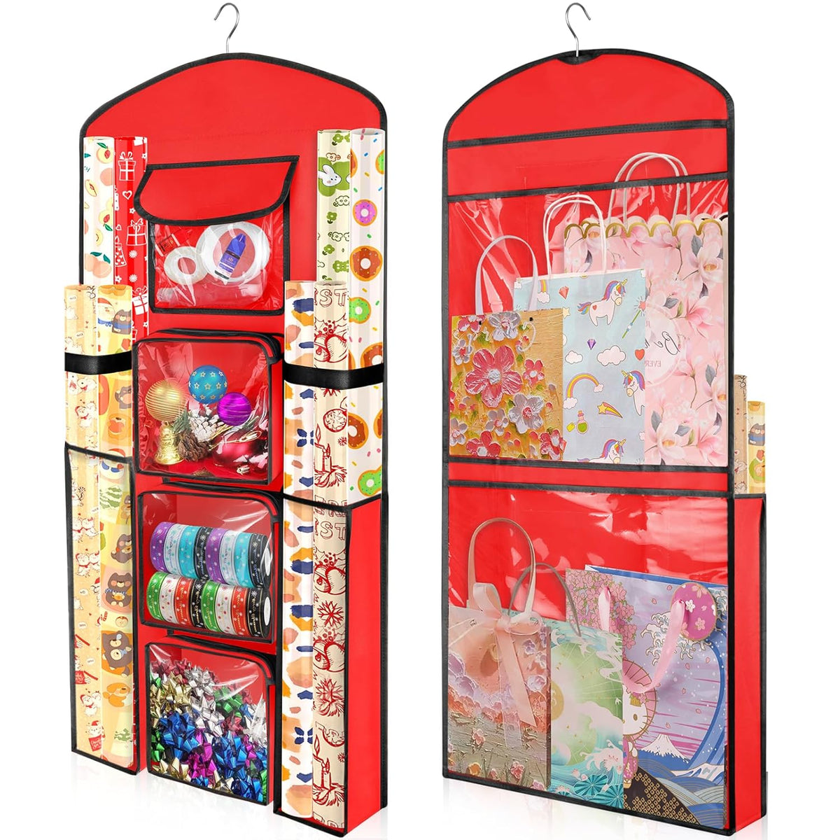 Hanging Gift Wrapping Paper Storage, 40"X17" Red Double-Sided Christmas Wrapper Bag Container, Oxford Craft Roll Organizer, Present Wrap Holder For Bedroom Closet, Door, Cabinet