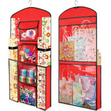 Hanging Gift Wrapping Paper Storage, 40"X17" Red Double-Sided Christmas Wrapper Bag Container, Oxford Craft Roll Organizer, Present Wrap Holder For Bedroom Closet, Door, Cabinet