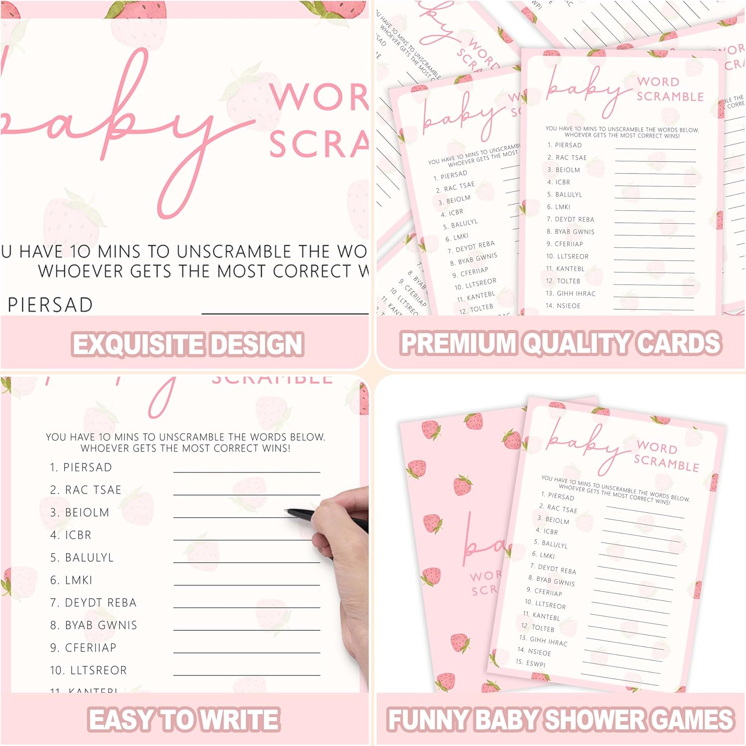 Baby Shower Games For Girl, Strawberry Baby Word Scramble, 25 Hilarious Games + 1 Answer Card For Gender Reveal Party Decorations Supplies Announcement - E07