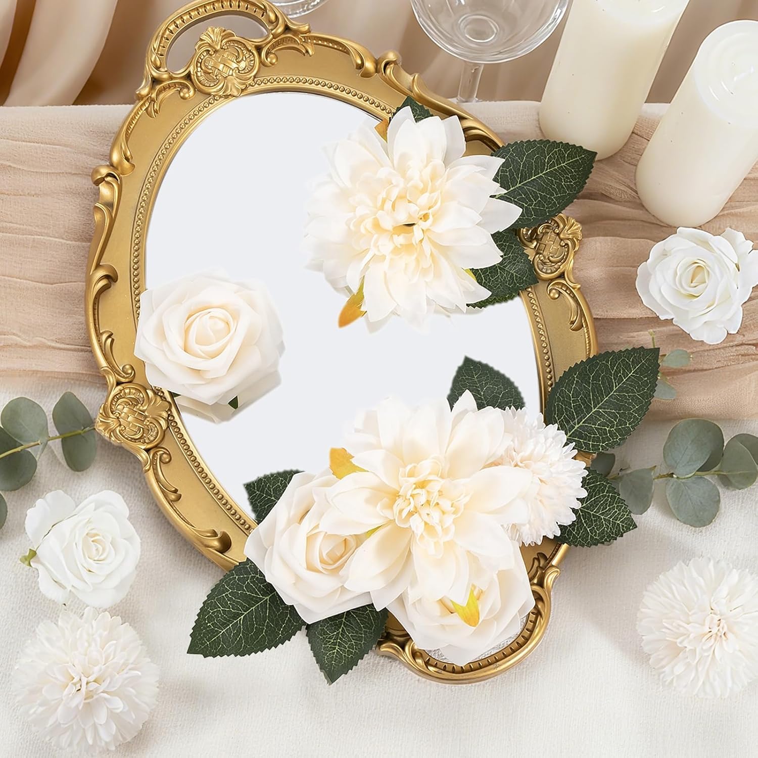 White Flower Artificial Roses Faux Flowers With Stems Mix Fake Roses Dahlia Chrysanthemum Ball For Wedding Bridal Bouquets, Table Centerpieces, Baby Shower, Party, Home Decorations