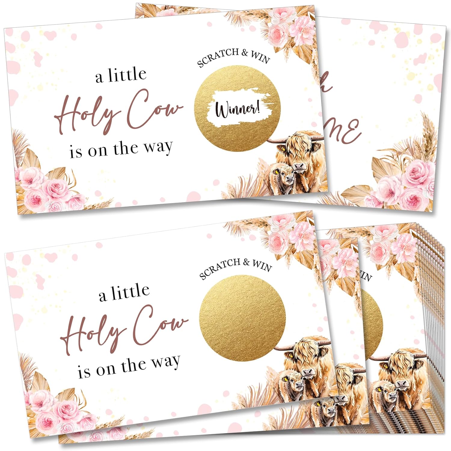 Highland Cow Baby Shower Scratch-Off Game Cards For Adults (50-Pack) - 'A Little Holy Cow Is On The Way' Themed Party Activity, Fun Group Game For Celebrations & Guest Entertainment-W4