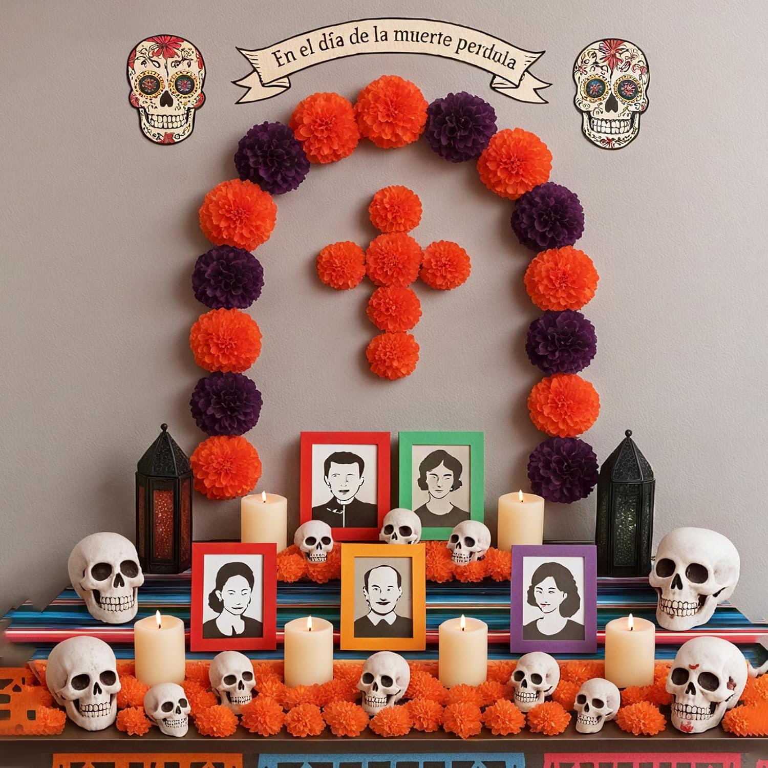 24 Pcs Day Of The Dead Decorations Dia De Los Muertos Altar Decor Artificial Marigold Flower Mexican Party Ofrenda Decorations For Diwali Halloween Decor (Purple Orange)