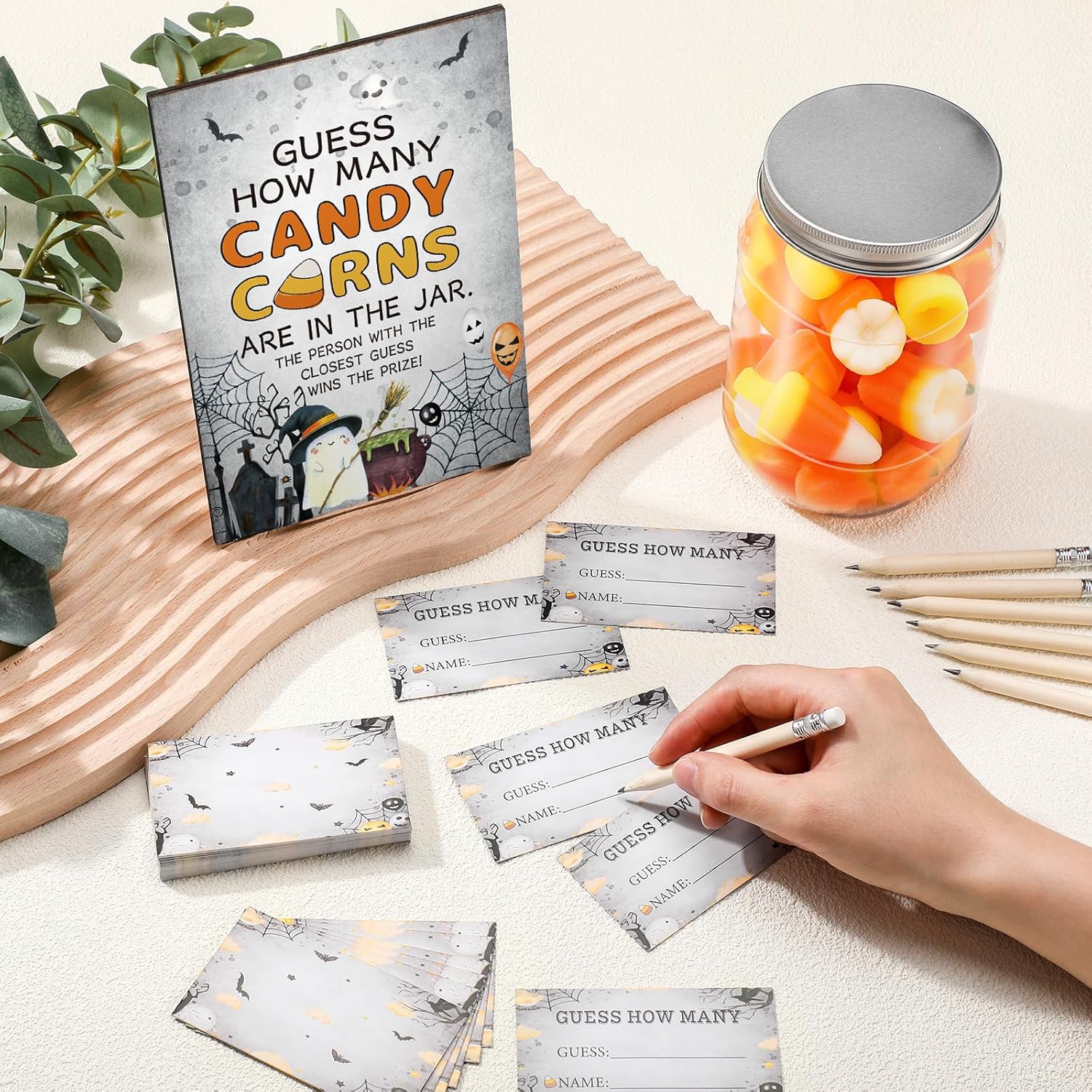 Guess How Many Candy Corns Halloween Party Game 50 Guessing Cards 20 Pencils 1 Jar 1 Standing Sign Halloween Baby Shower Party Game For Adults Guess How Many Candies Are In The Jar