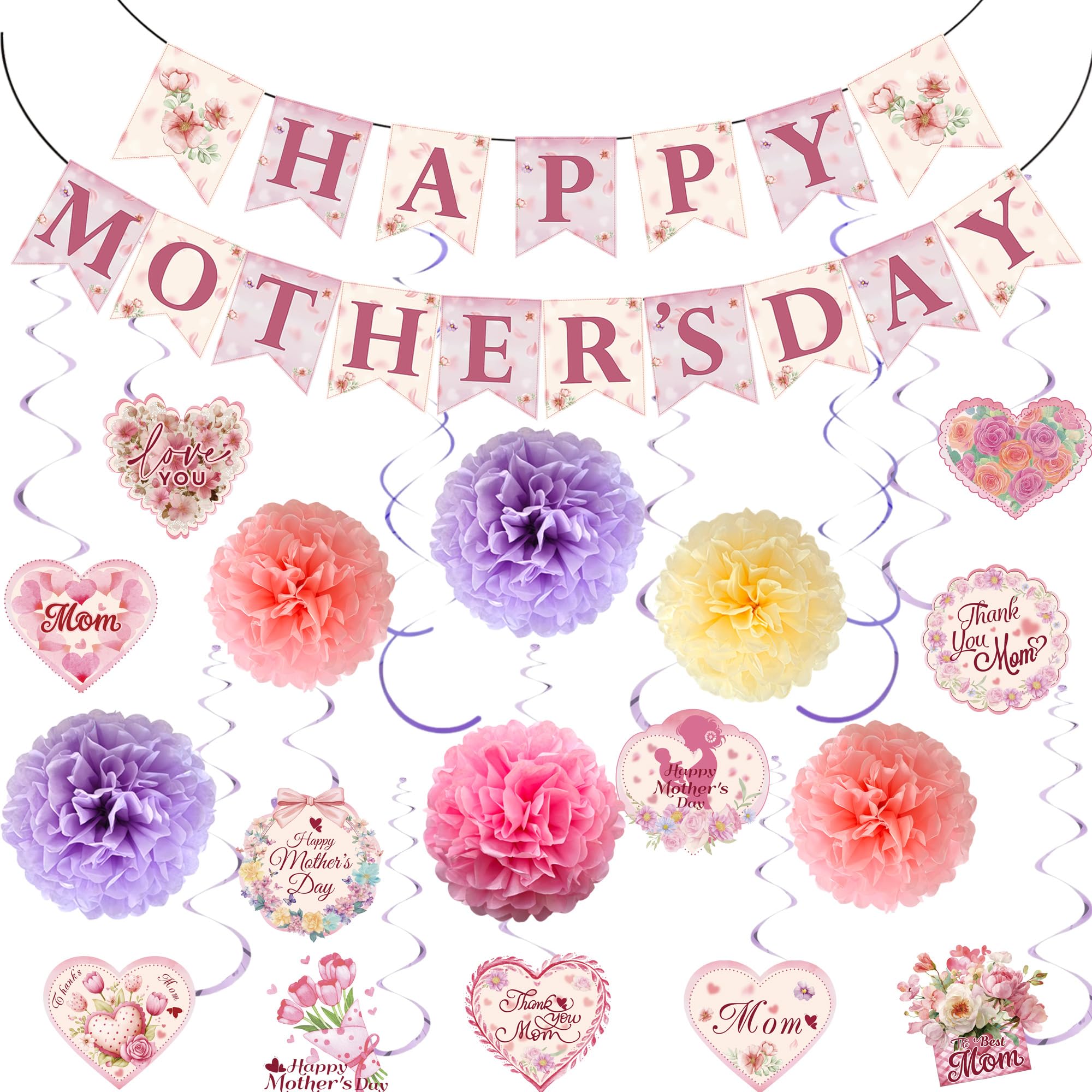 Mother's Day Decorations Set - Happy Mother's Day Banner, 6PCS Paper Pom Poms, 13Pcs Hanging Swirls with Best Mom Cardstock Cutouts - Floral Pink Party Supplies for Home, Mantle, Wall Decor