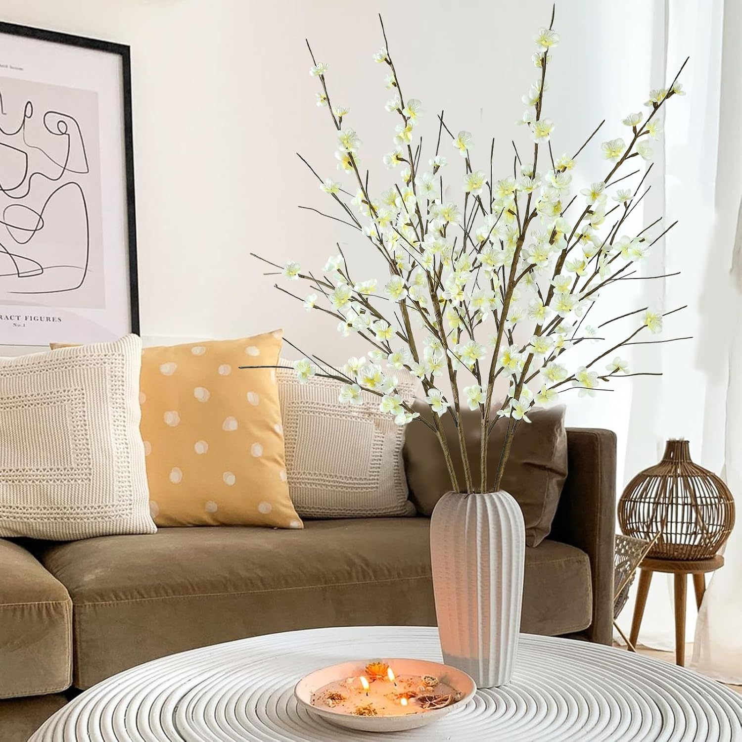 4 Pcs Cherry Blossom Branches 39” Tall Artificial Cherry Blossom Stems White Faux Cherry Blossom Flowers Arrangements For Vase Home Wedding Table Spring Decor