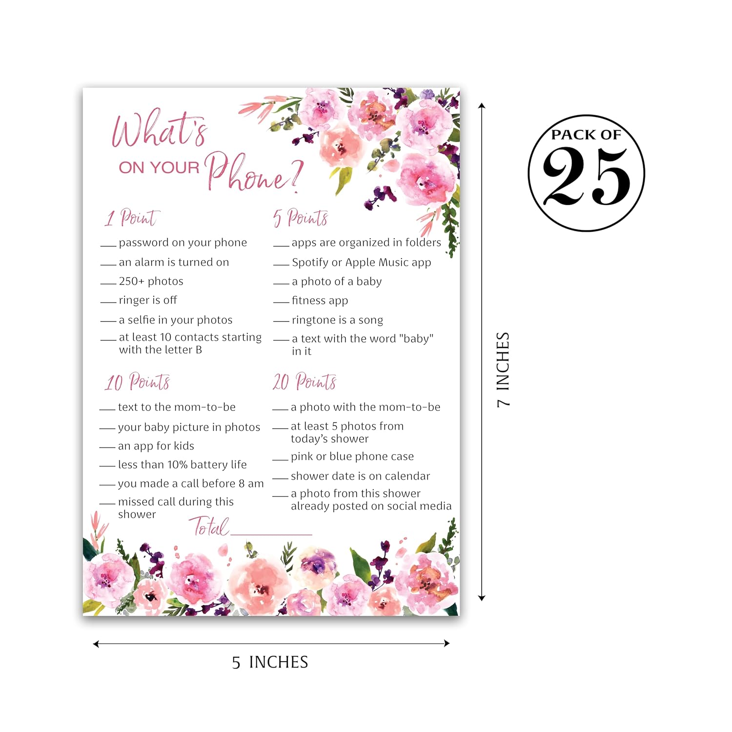 Pink Floral Baby Shower Games — What'S On Your Phone Baby Shower Game — Pack Of 25, Pink Flowers Garden Shower Activity, Couples Co-Ed Shower Baby Sprinkle Sip And See Birthday G140-Phn