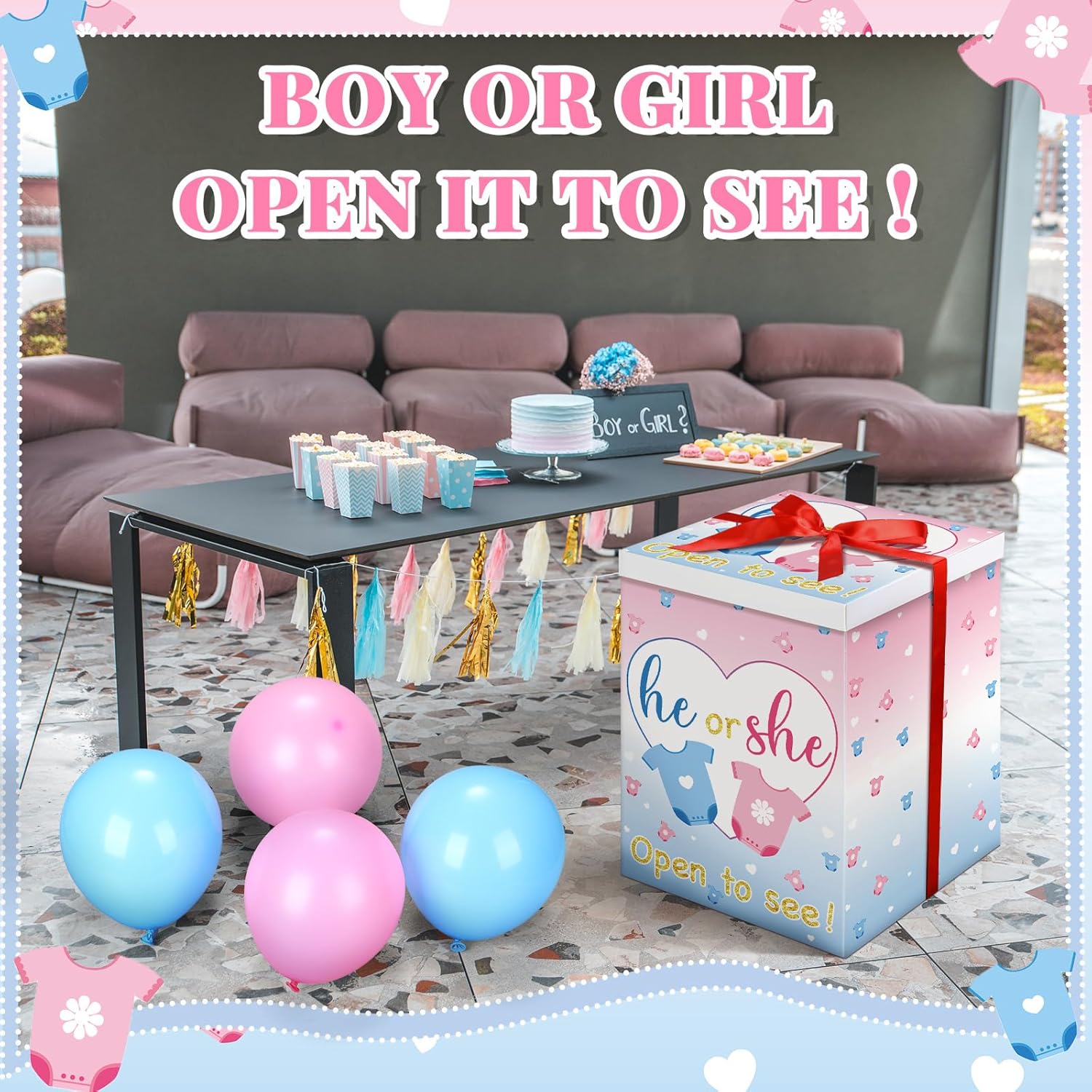 Gender Reveal Balloon Box With Ribbon And 10 Pink And Blue Balloons Gender Reveal Games He Or She Open To See For Party Decoration 12"X12"X16"(Cloth)