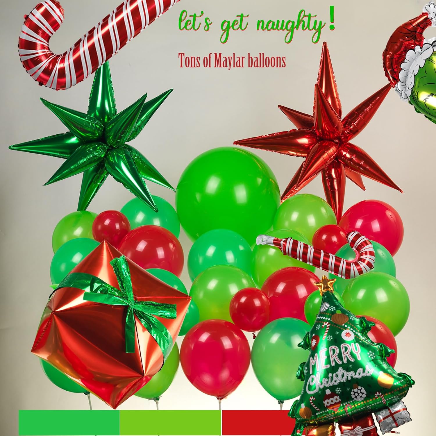 Christmas Balloon Garland Arch Kit130+Pcs Xmas Red Green Balloons With Candy Cane Christmas Tree Gift Box Balloons For Kids Grinchmas Party Naughty Christmas Birthday Decorations