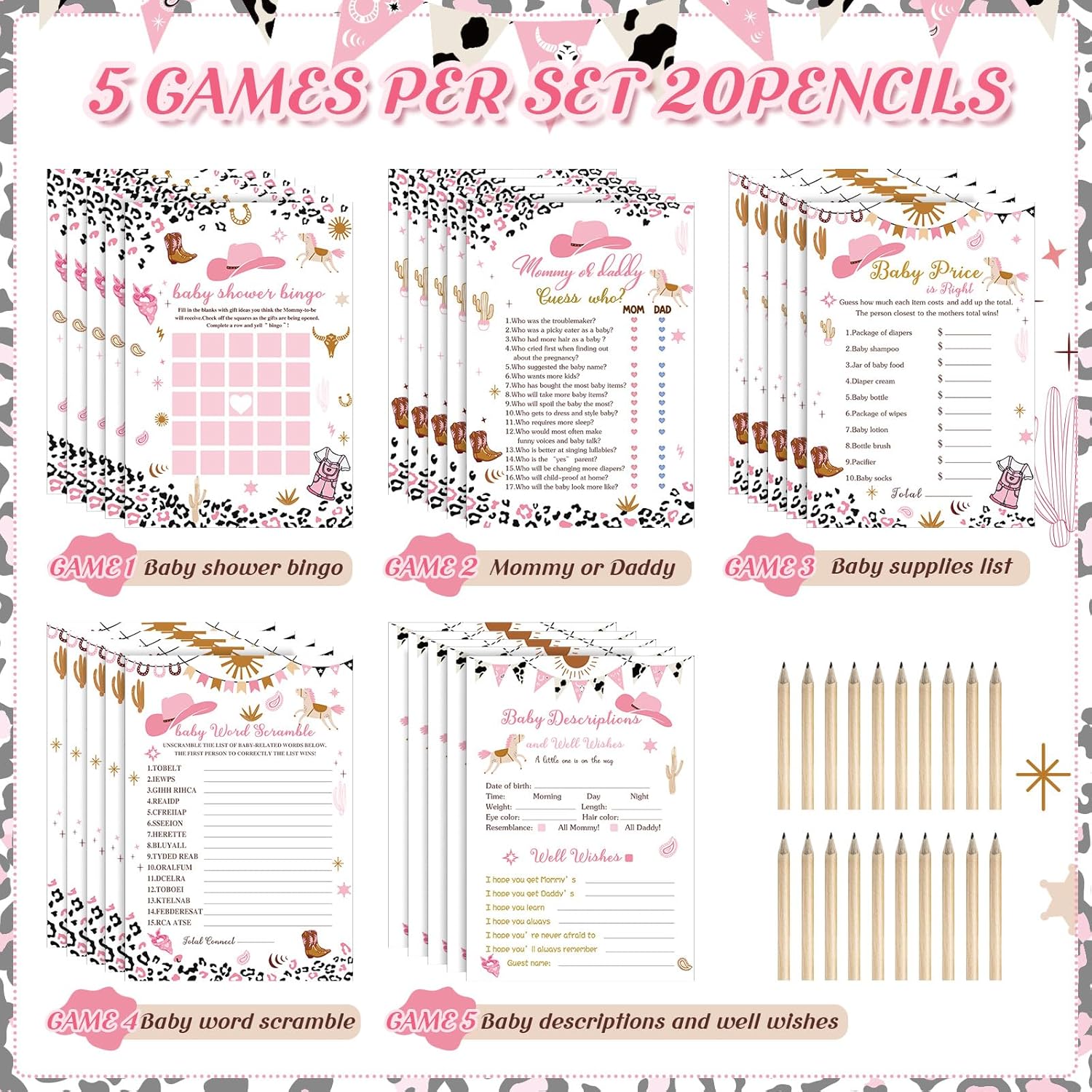 145 Pcs Baby Shower Games Supplies 5 Sets Game Activities Cards With 20 Pencils Include Baby Shower, Description And Well Wishes, Word Scramble(Cowgirl Style)