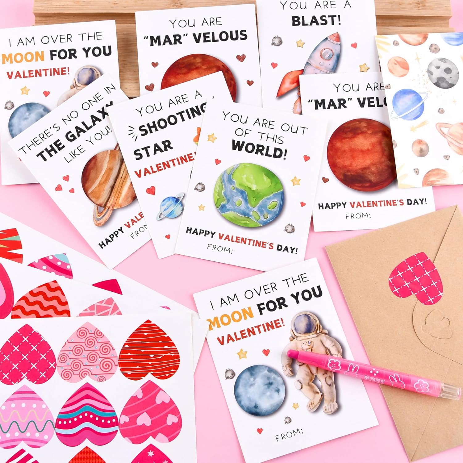 Valentines Day Cards For Kids School - 48 Packs Space Valentine Cards Classroom For Boys & Girls Exchange - Class Valentine'S Card Bulks With Envelopes & Heart Stickers
