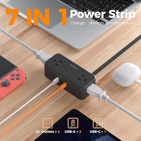 Surge Protector Power Strip 4 Outlets 3 USB Ports USB C 5FT Flat Plug Extension Cord Black