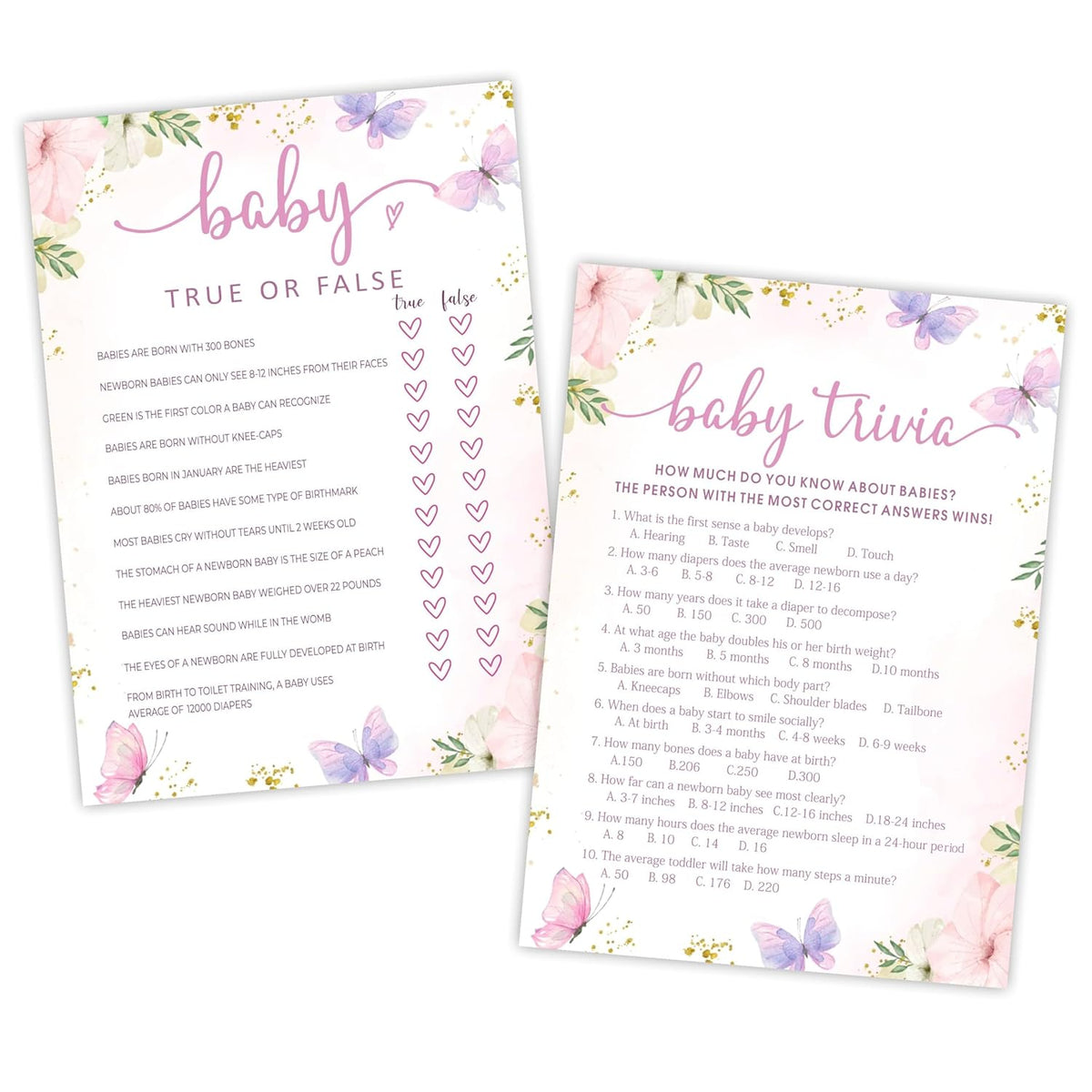 5" X 7" Floral Baby Shower Double-Sided Game Cards With Answer Card - 50 True Or False & Baby Trivia - 2 Games, Gender Reveal Game Cards - Party Decor & Supplies - A04