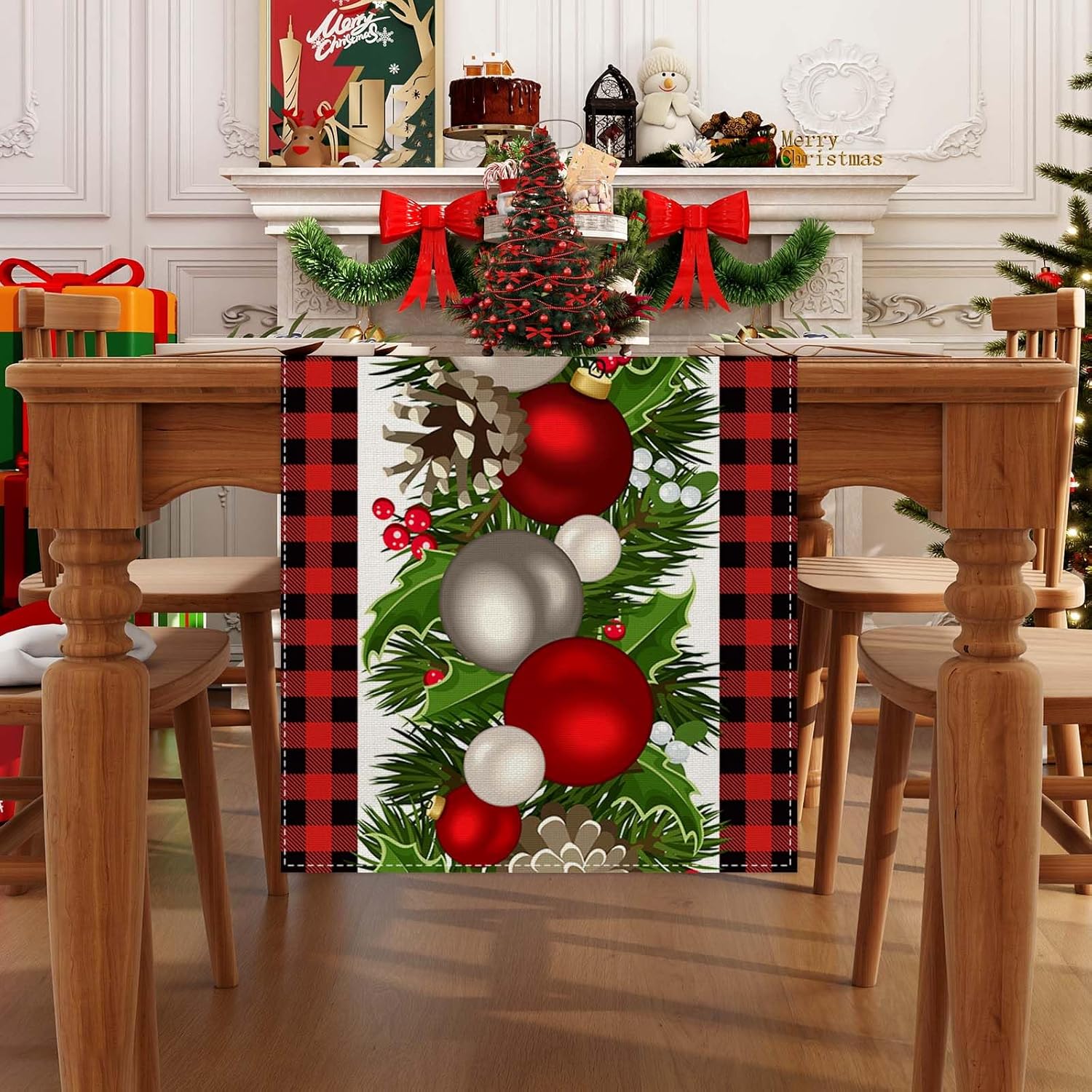 Linen White And Black Buffalo Check Plaid Christmas Table Runner 72 Inches Long Winter Christmas Xmas Holiday Gingerbread House Mantable Decoration