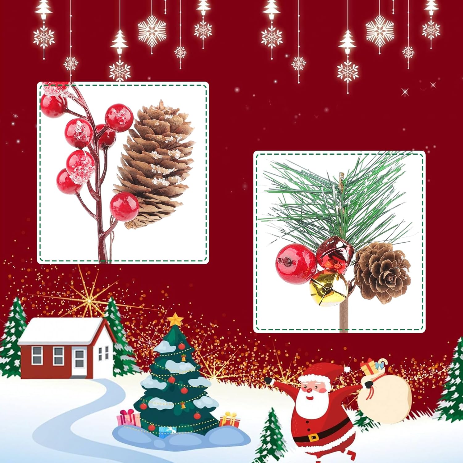 36 Pcs Artificial Christmas Pine Picks Christmas Berries Artificial Stem With Pinecones Apples Bells Christmas Flower Picks For Christmas Tree Wreath Arrangement Winter Holiday Decor