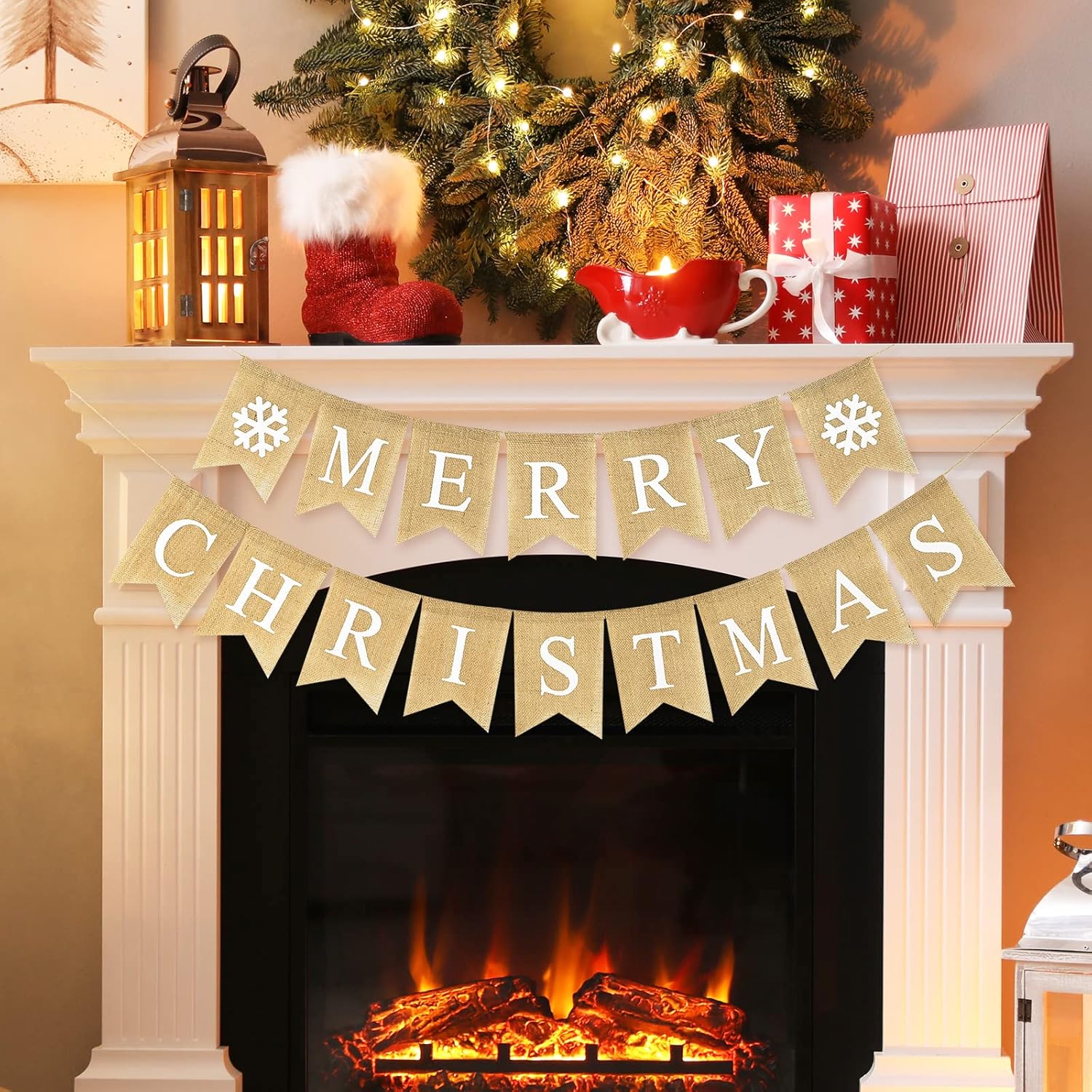 Merry Christmas Burlap Banner Christmas Snowflake Pre-Assembled Bunting Garland Xmas Tree Decor For Fireplace Wall Indoor Outdoor Xmas Party Decoration Photo Prop
