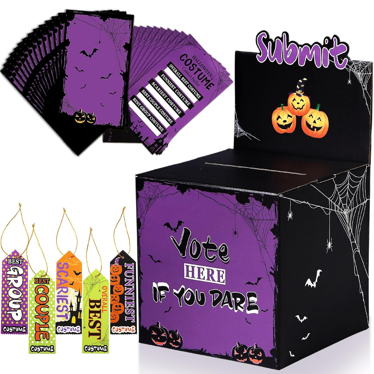 Halloween Costume Contest Ballot Box And 40 Voting Cards, 10 Award Prize Ribbons Fun Decorations, Halloween Party Supplies For Home Indoor Office And Party Games (Purple)