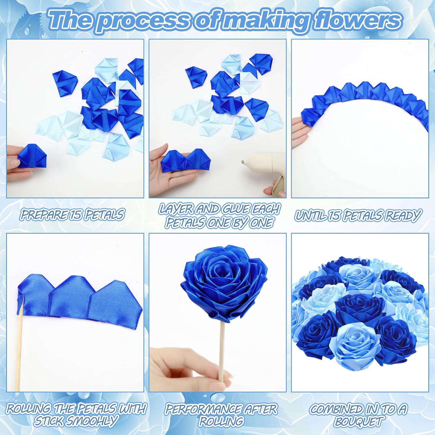 429 Pcs Premade Satin Ribbon Rose Petals Half Finished Three Color Eternal Rose Diy Flowers Bouquets Everlasting Floral For Birthday Wedding Anniversary (Dusty Blue)