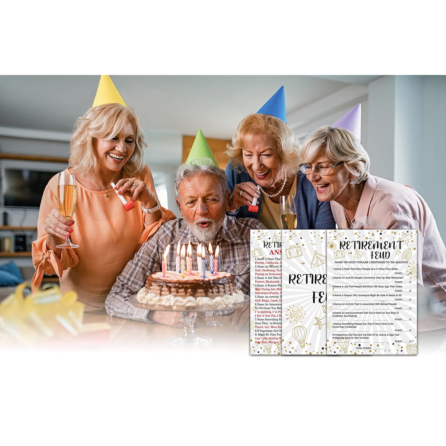 Retirement Party Games, Retirement Feud Co-Worker Retirement Party Game Card, Gold Foil Retirement Party Ideas Activities Supplies Decorations(30 Game Cards & 1 Answer Card) - A06