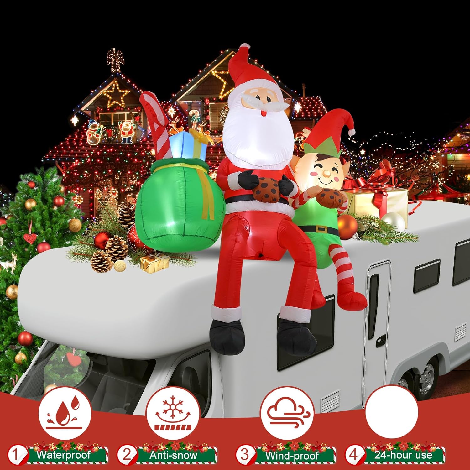 8Ft Santa Claus Sitting On The Roof Christmas Inflatable Decoration With Led Lights, Suitable For Holiday Celebration De