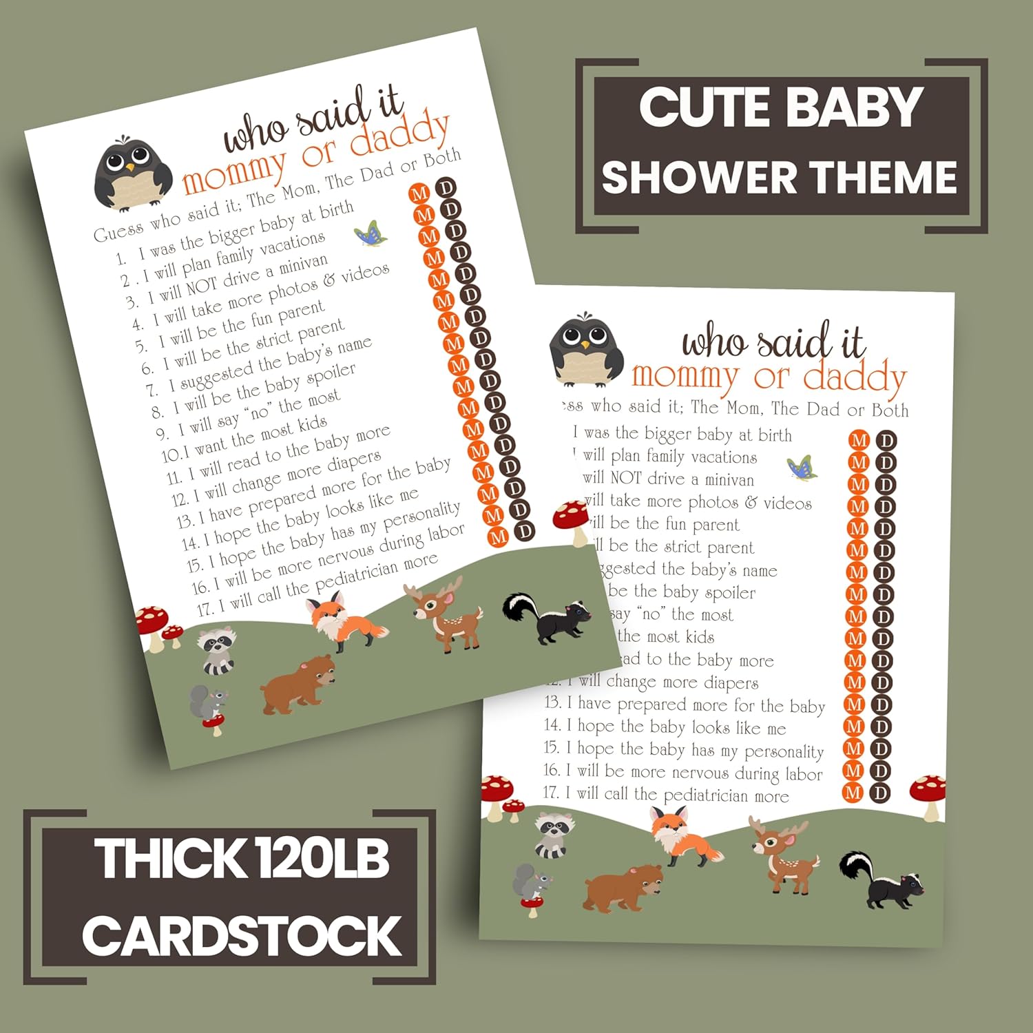 Woodland Mommy Or Daddy Baby Shower Game - 25 Pack - Guess Who Activity Cards - Cute Rustic Gender Reveal Themes For Boys Or Girls - Printed 5X7 Set